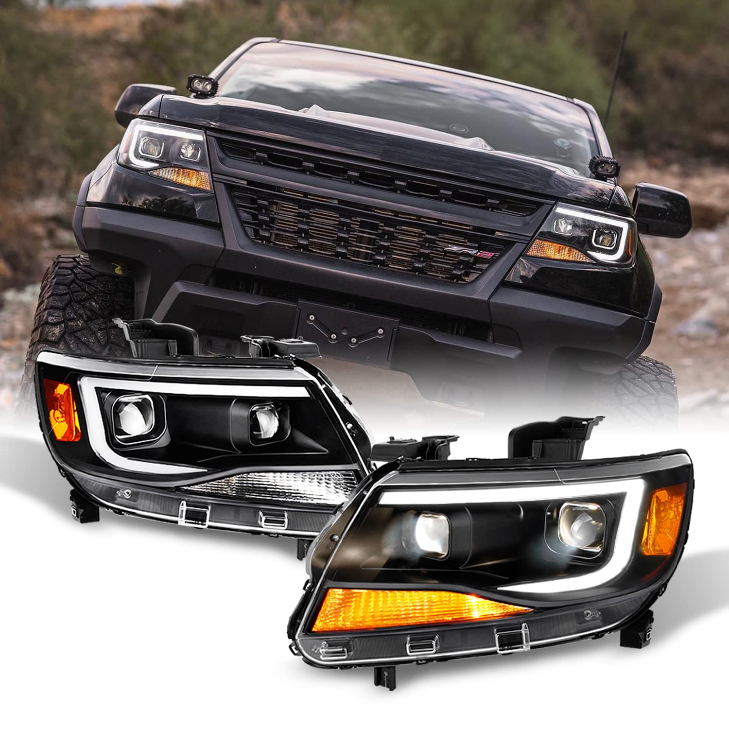 AKKON Frost White LED DRL Dual Square Projector Headlights for 2015-2022 Chevy Colorado - Black Housing - Upgrade Your Truck's Style & Night Visibility (Perfect for Off-Roading & Night Driving)