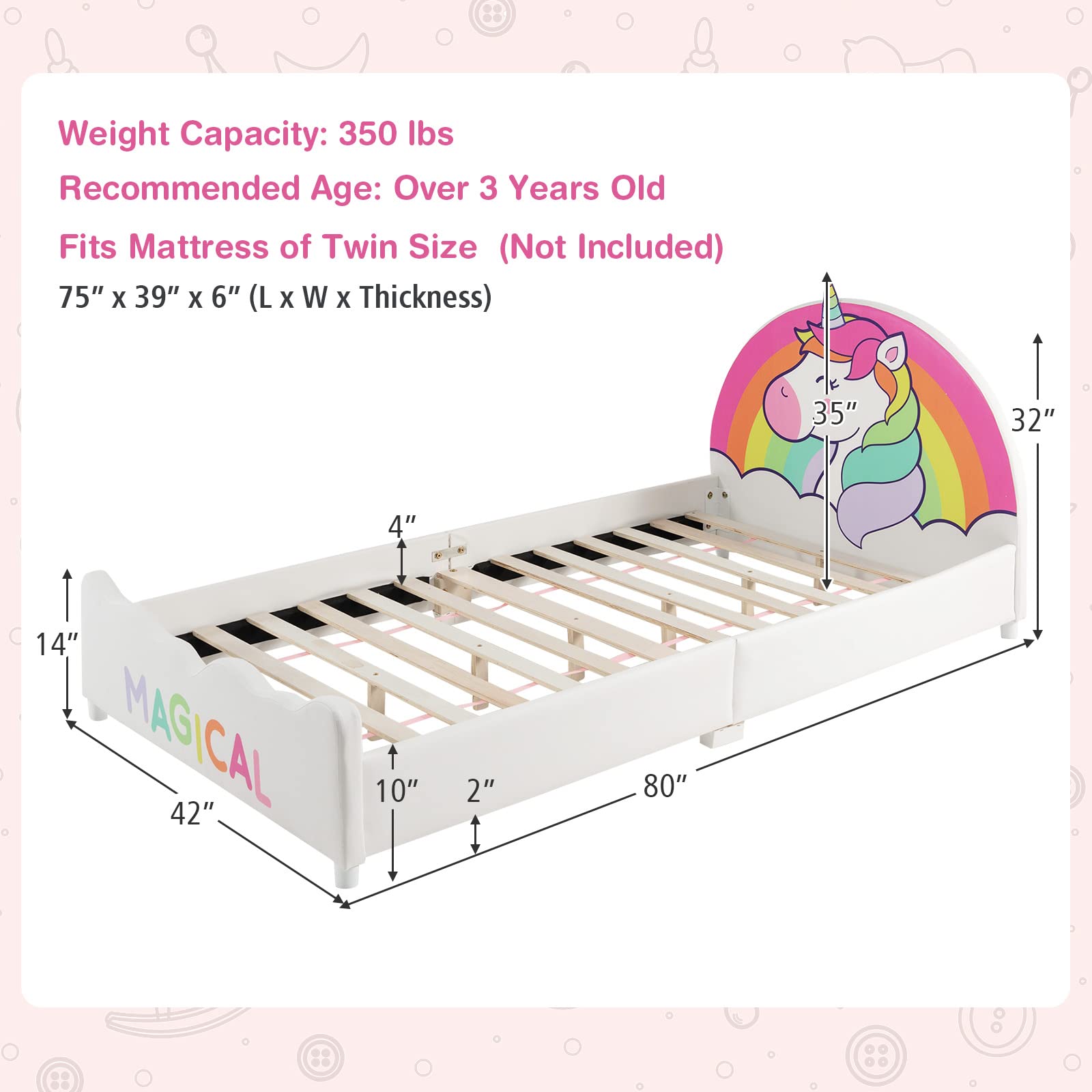 Costzon Twin Bed Frame for Kids - Wood Upholstered Platform Bed with Slat Support & Padded Headboard/Footboard - No Box Spring Needed - Easy Assembly - Fits Standard Twin Mattress (Rainbow) - Perfect for Kids' Bedrooms, Guest Rooms & Small Spaces
