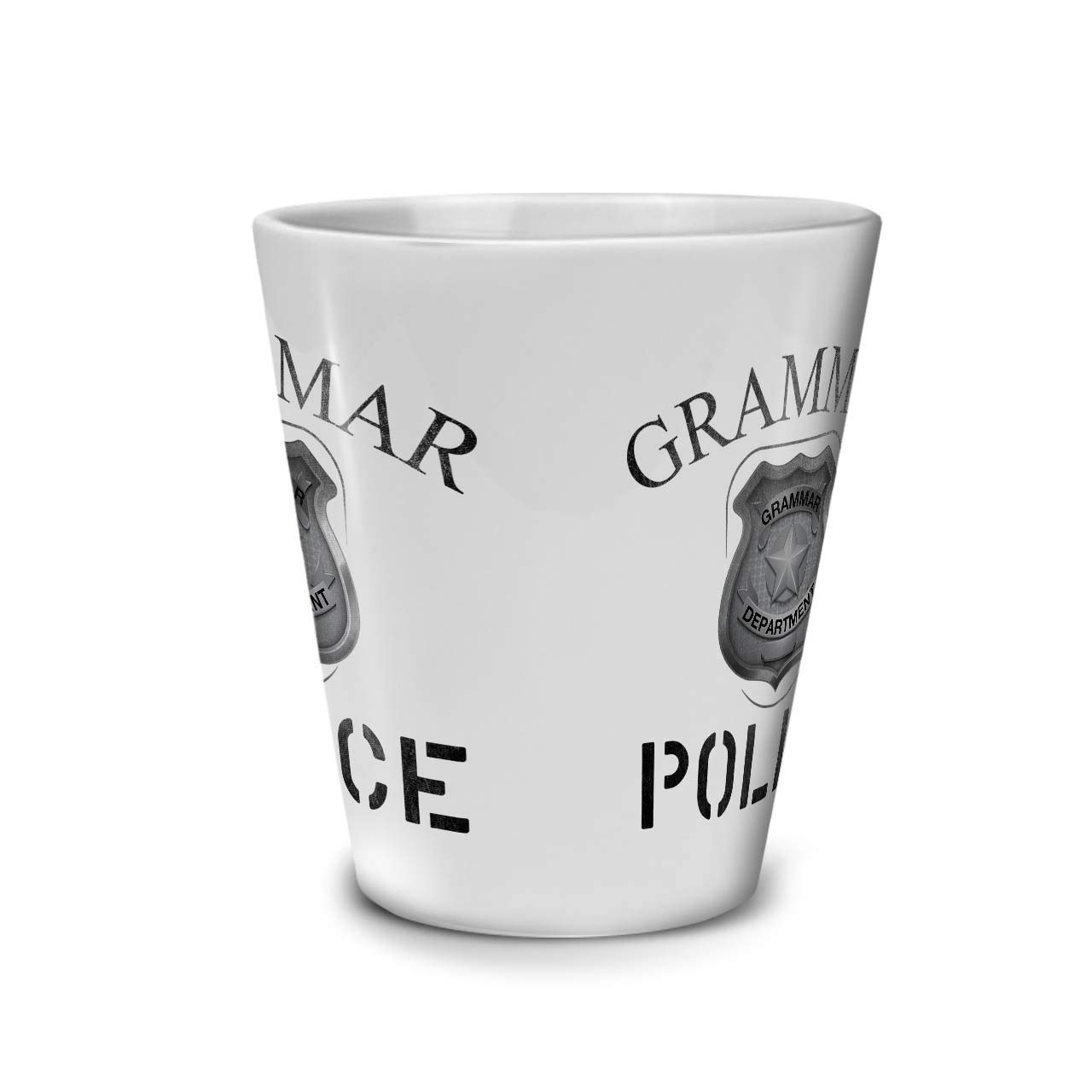 Funny Grammar Police Badge Latte Mug - Ceramic Coffee Cup with Comfortable Handle & Two-Sided Design by Wellcoda | Perfect Gift for Teachers, Writers & Grammar Lovers - Great for Office, Home & Coffee Shops