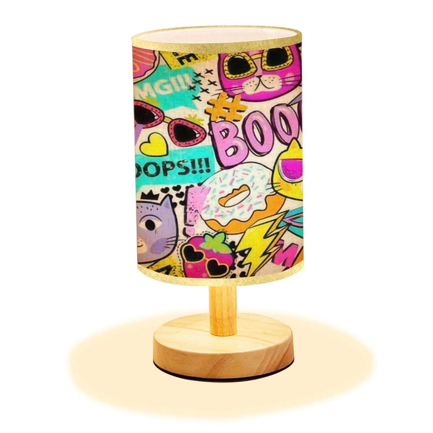 Minimalist Wooden Nightstand Lamp with Colorful Cat Design - Flaxen Fabric Shade, Abstract Seamless Bedside Table Light for Girls Bedroom, Living Room & Nursery Decor - Perfect for Reading, Study and Cozy Ambience