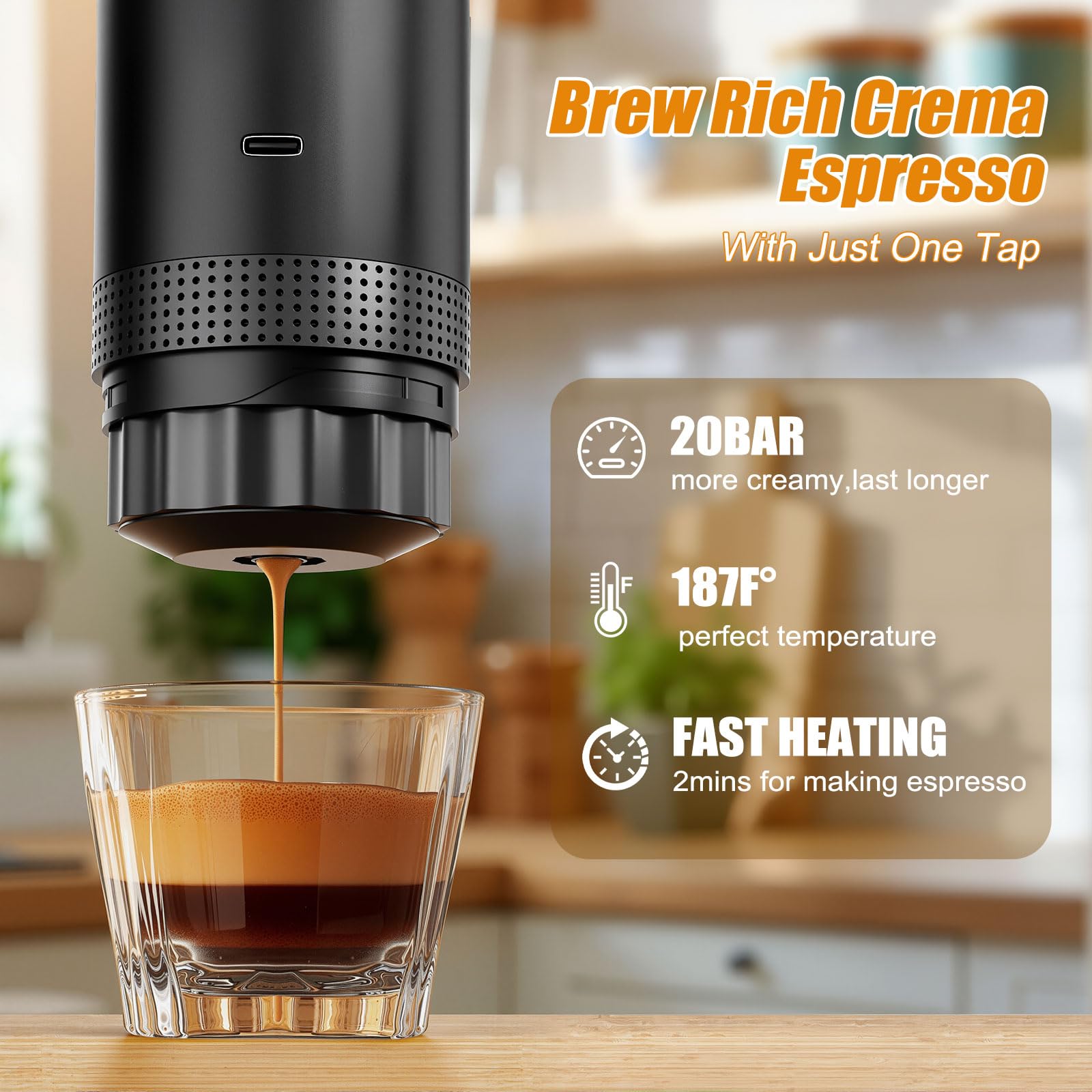 Portable Electric Espresso Maker - 20 Bar Mini Travel Coffee Machine with USB-C Charging | 3-in-1 Self-Heating Car Coffee Maker for Ground Coffee & Capsules (NS&DG Compatible) | Perfect for Office, Camping, RV & Travel Use
