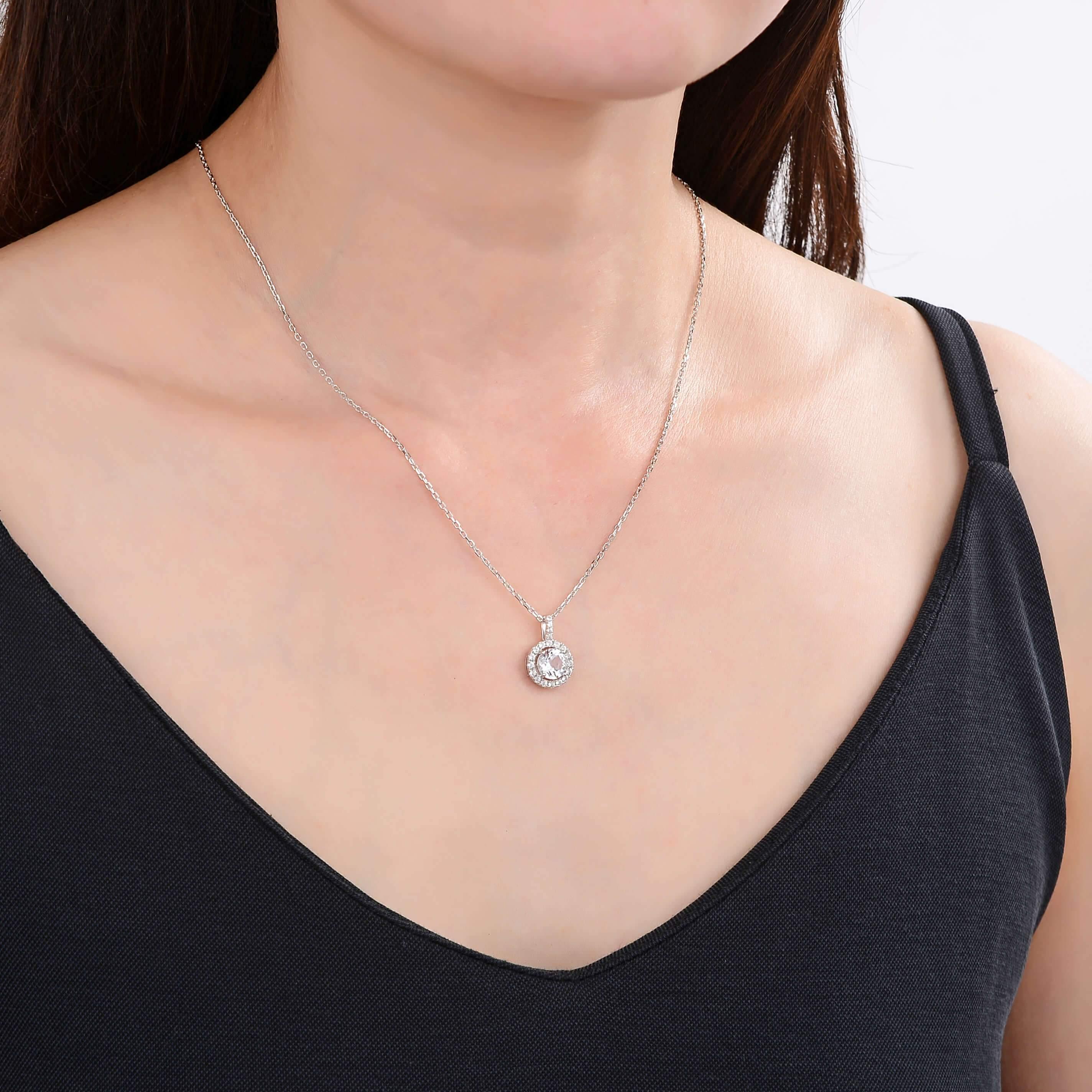 White Topaz Silver Halo Necklace for Women - Elegant Sterling Silver Jewelry Gift for Birthday, Anniversary & Valentine's Day - Perfect for Parties, Weddings & Special Occasions