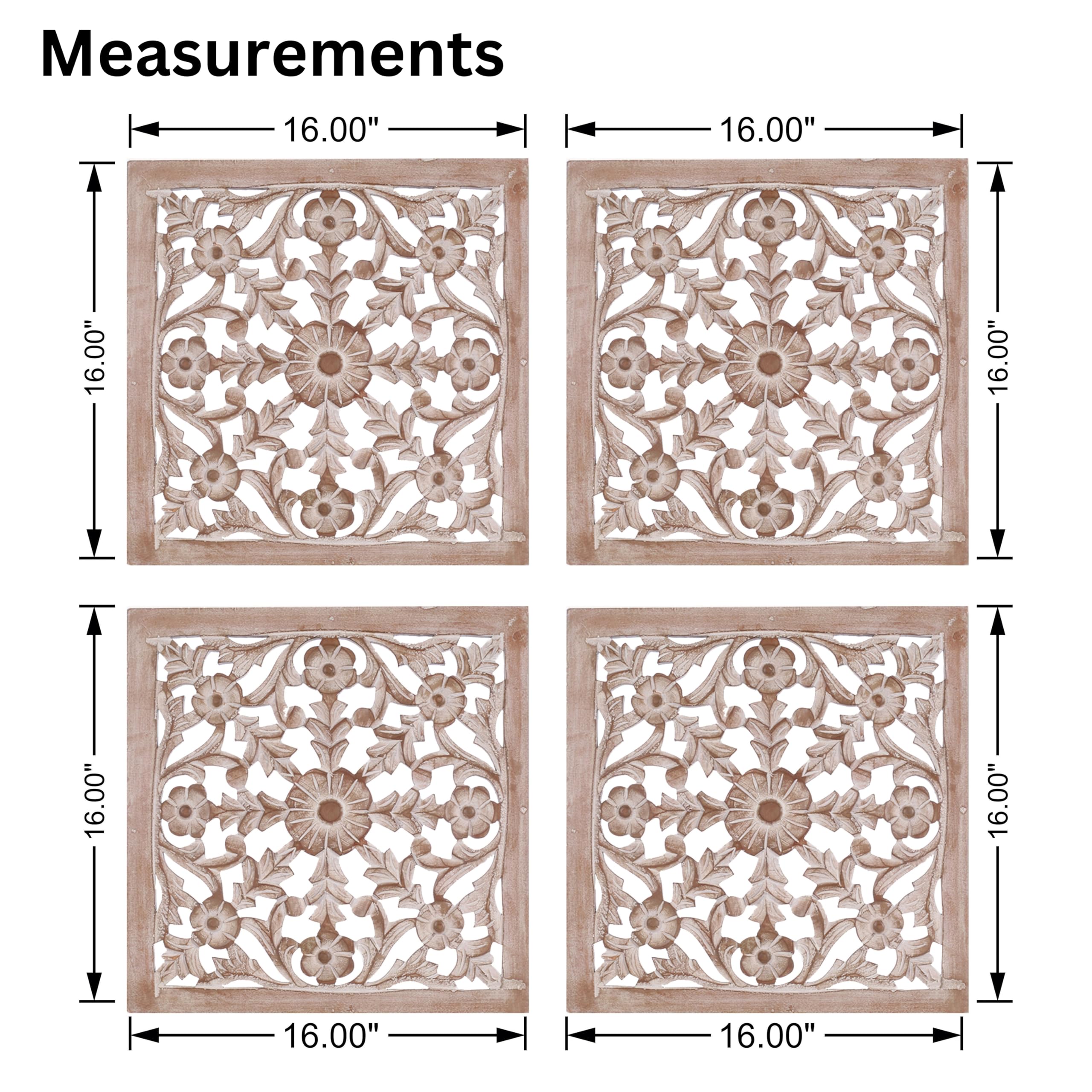 Set of 4 Carved Wood Wall Art Panels - 16x16 Inch Distressed White Wooden Medallion Decor | Handcrafted Home Wall Sculpture for Living Room, Bedroom & Entryway Décor