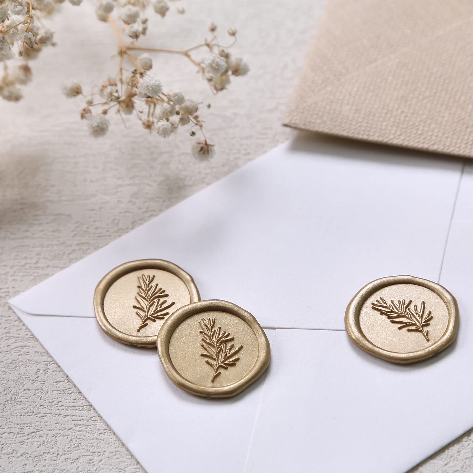 UNIQOOO Wax Seal Stickers - 100 Pcs Self-Adhesive Metallic Light Gold Wedding Invitation Seals, Elegant Rosemary Design for Envelopes, Gifts, Christmas Wrapping & DIY Crafts | Perfect for Weddings, Parties, Stationery & Scrapbooking Projects