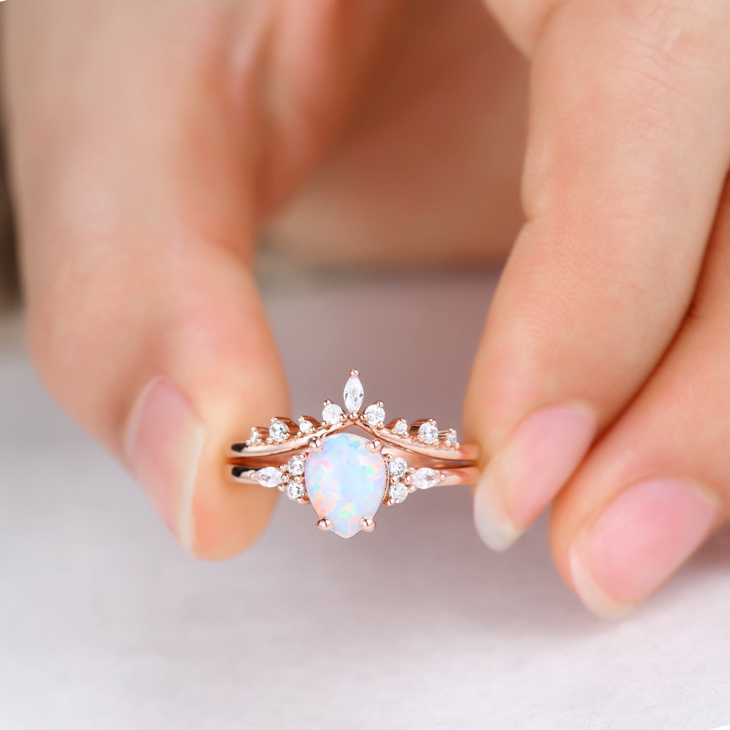 Pear Shaped Opal Bridal Ring Set with Moissanite Wedding Band - Chevron Crown Design for Engagement, Wedding & Anniversary Jewelry Gift