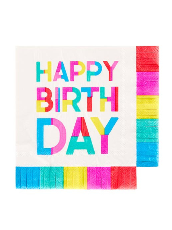 Happy Birthday Block Fringe Beverage Napkins - 50 Pack Colorful Party Paper Napkins for Birthday Celebrations, Baby Showers & Special Events - Perfect for Cake Serving, Drink Wiping & Table Decor