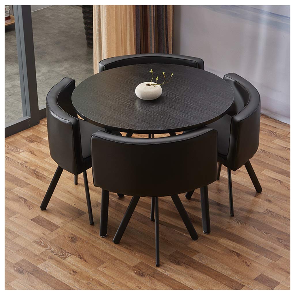 Modern 5-Piece Solid Wood Dining Table Set with Leather Chairs - 90cm Round Table & 4 Seats for Kitchen, Living Room, Office | Perfect for Small Spaces, Breakfast Nooks, Cafe Style Dining & Home Office Use