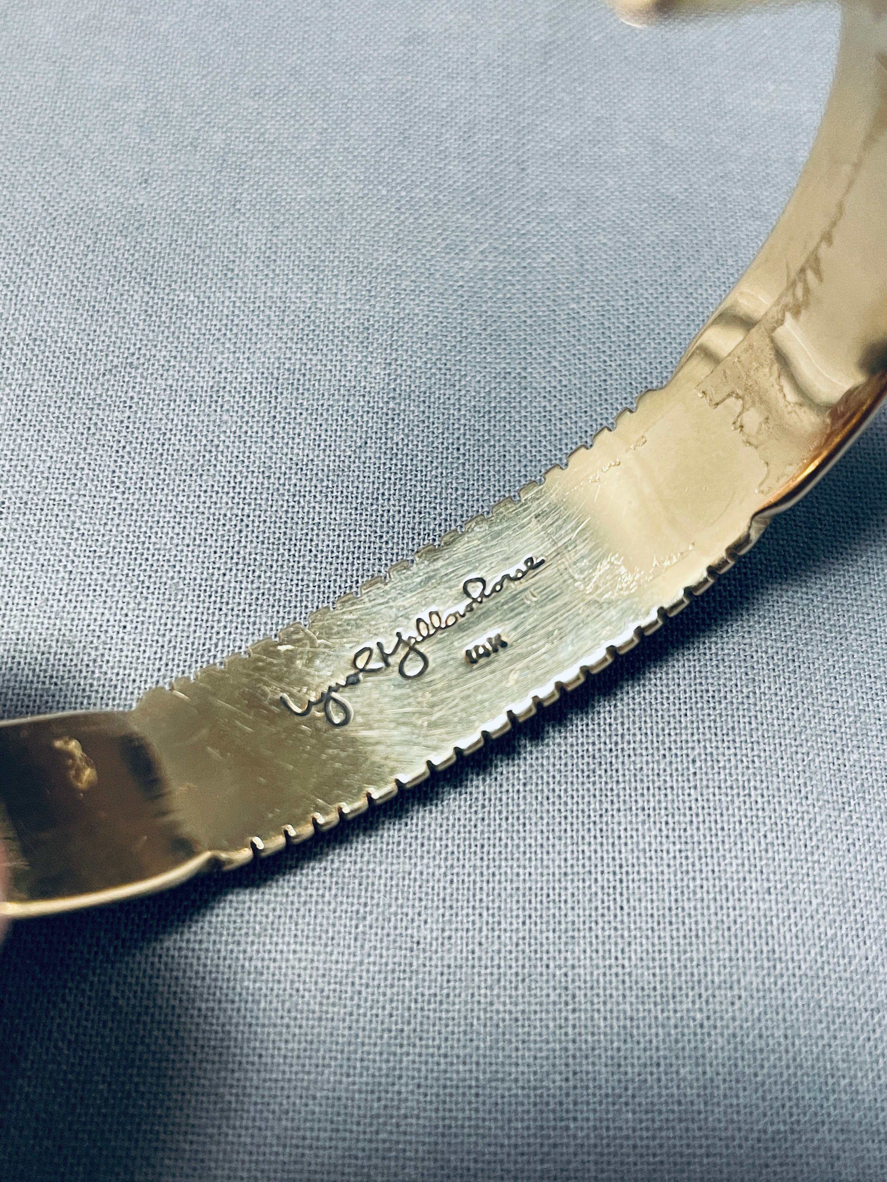 14K Gold Vintage Native American Navajo Rob Yellowhorse Inlay Turquoise Bracelet - Handmade Southwest Jewelry for Women, Boho Chic Accessory | Perfect for Festivals, Weddings & Everyday Wear