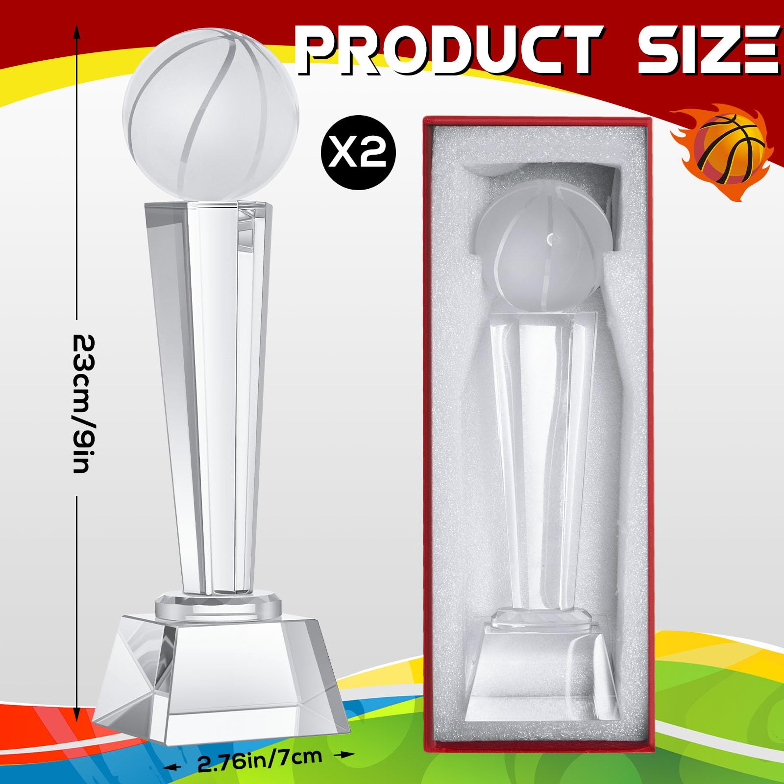 2 Pack 9x2.8 Inch Crystal Glass Trophy Award with Gift Box - Large Sports Trophy for Basketball Tournament, Office Desk Decor & Paperweight - Perfect for Awards Ceremony, Corporate Recognition, and Home Display
