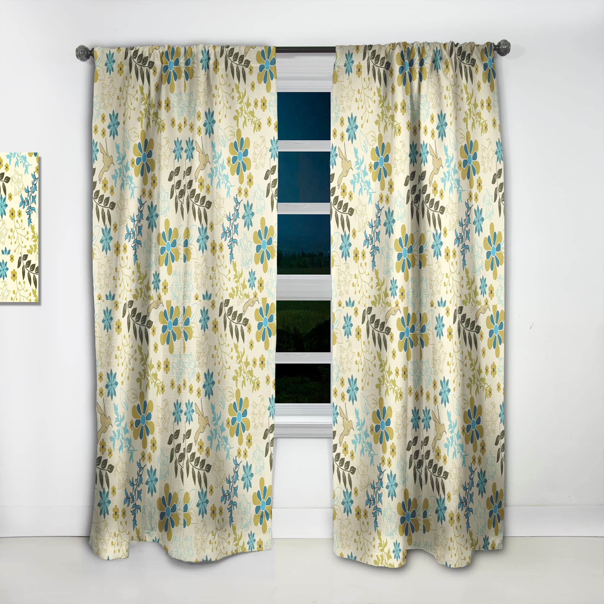 Hand Drawn Flowers and Hummingbird Thermal Insulated Curtains - Single Panel 52x120 - Elegant Window Treatments for Bedroom & Living Room - Perfect for Home Decor, Privacy & Energy Efficiency