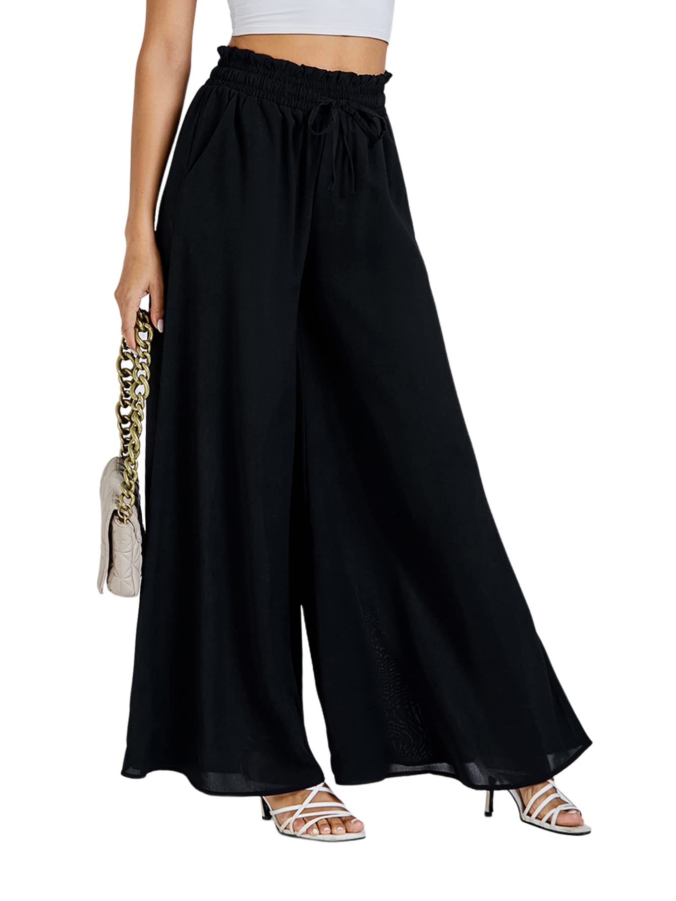 Vrtige Women's High Waist Wide Leg Palazzo Pants - Elastic Drawstring Waist with Pockets | Comfortable & Stylish Trousers for Work, Travel & Casual Wear