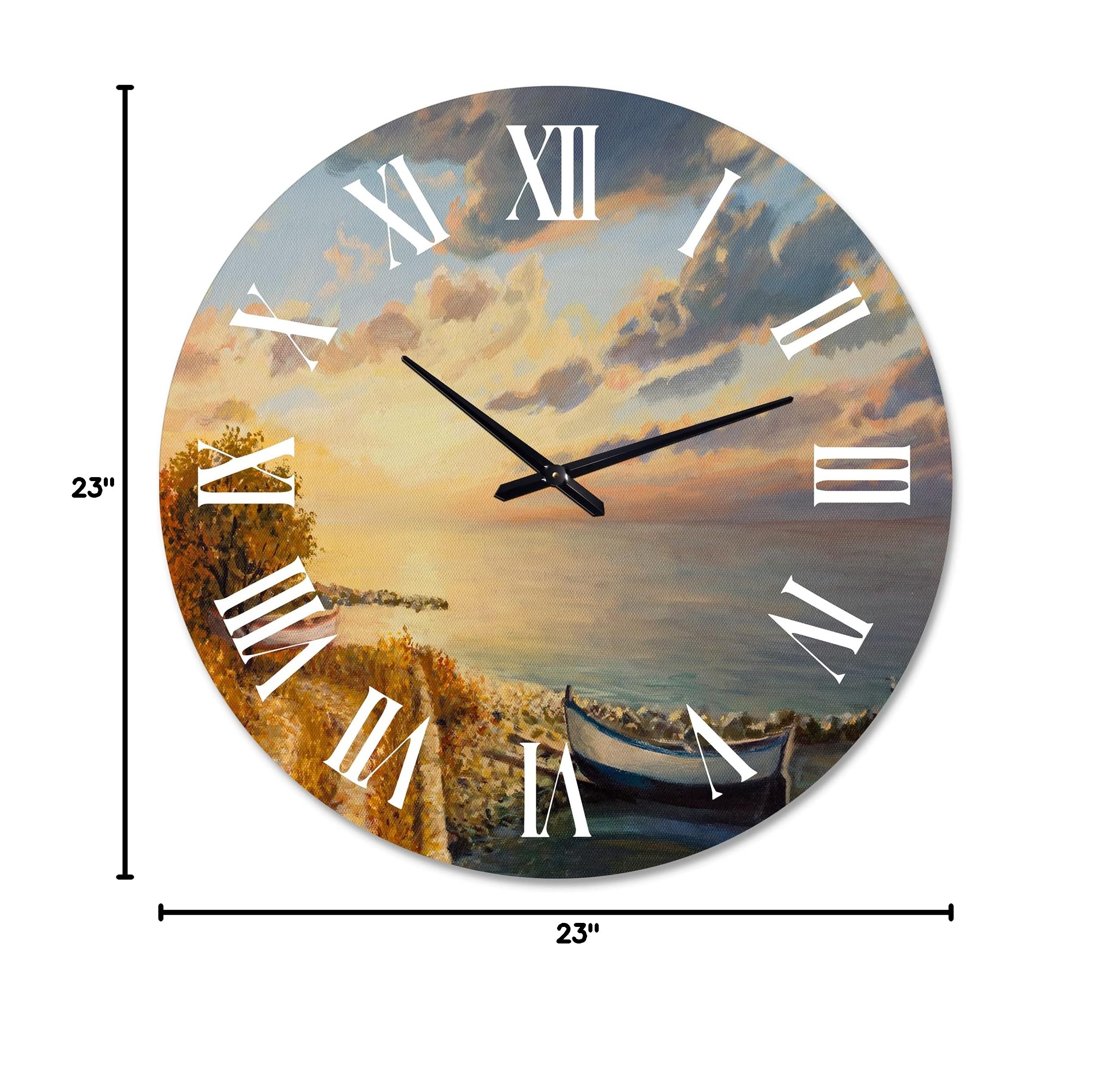 DesignQ Coastal Wall Clock - Romantic Sunrise by The Sea - 12 Inch Round Grey Wall Clock for Home, Office & Beach House Decor - Perfect for Living Room, Bedroom or Kitchen