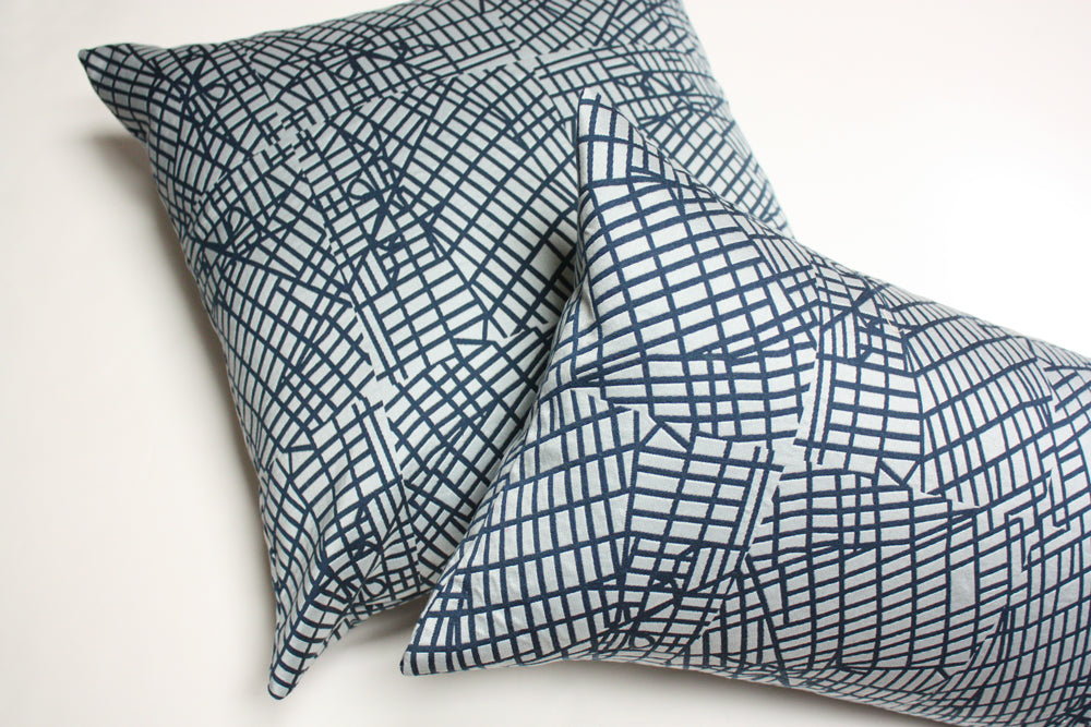 Luna Textile Blue Urban Grid Pillow - Modern Geometric Decorative Throw Cushion for Sofa, Bed & Home Decor