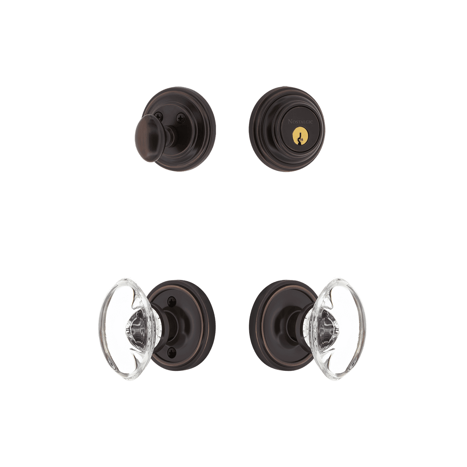 Classic Rosette Entry Set with Oval Clear Crystal Knob in Timeless Bronze - Elegant Door Hardware for Home & Office Decor