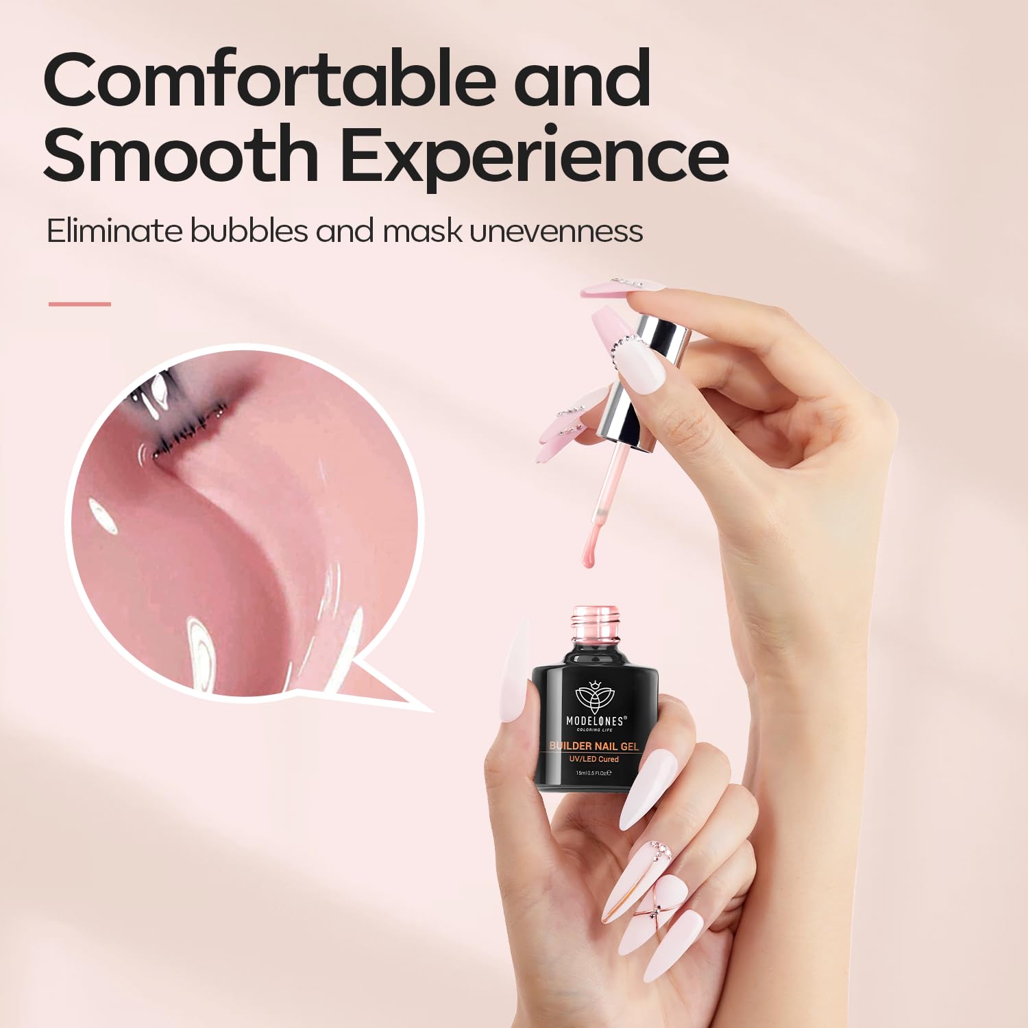 Modelones 8-in-1 Nude Pink Builder Gel with Acid-Free Top Coat - 10ml LED/Lamp Cured Nail Polish for Thickening, Apex Building & Shine Finish | Perfect for DIY Home Manicures & Professional Salon Nail Extensions