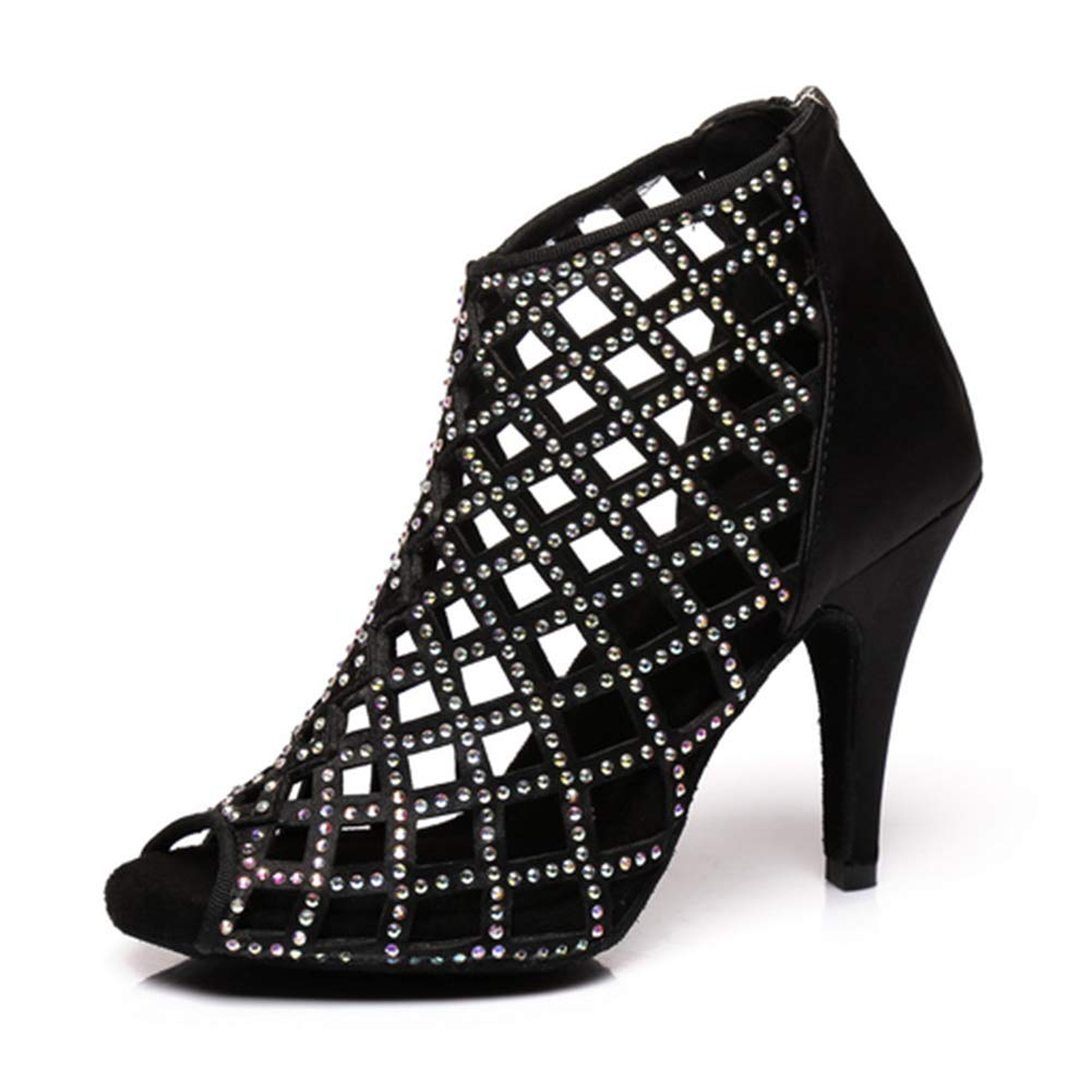 HROYL Women's Rhinestone Latin Salsa Satin Dance Heels - Open Toe Ankle Boots for Ballroom, Tango & Salsa Dancing (YCL398) | Perfect for Dance Competitions & Performances