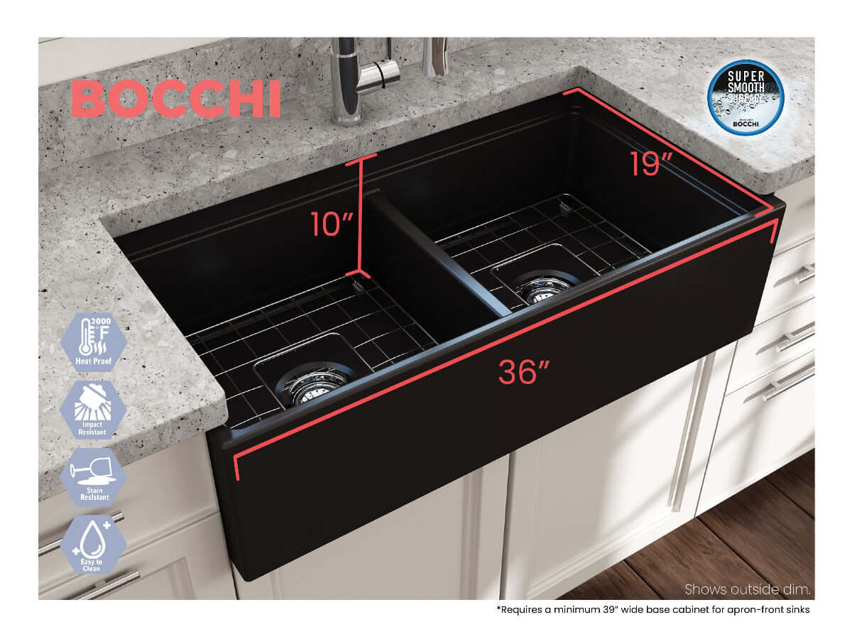 BOCCHI CONTEMPO 36 Step Rim Fireclay Farmhouse Double Bowl Kitchen Sink with Protective Bottom Grid and Strainer