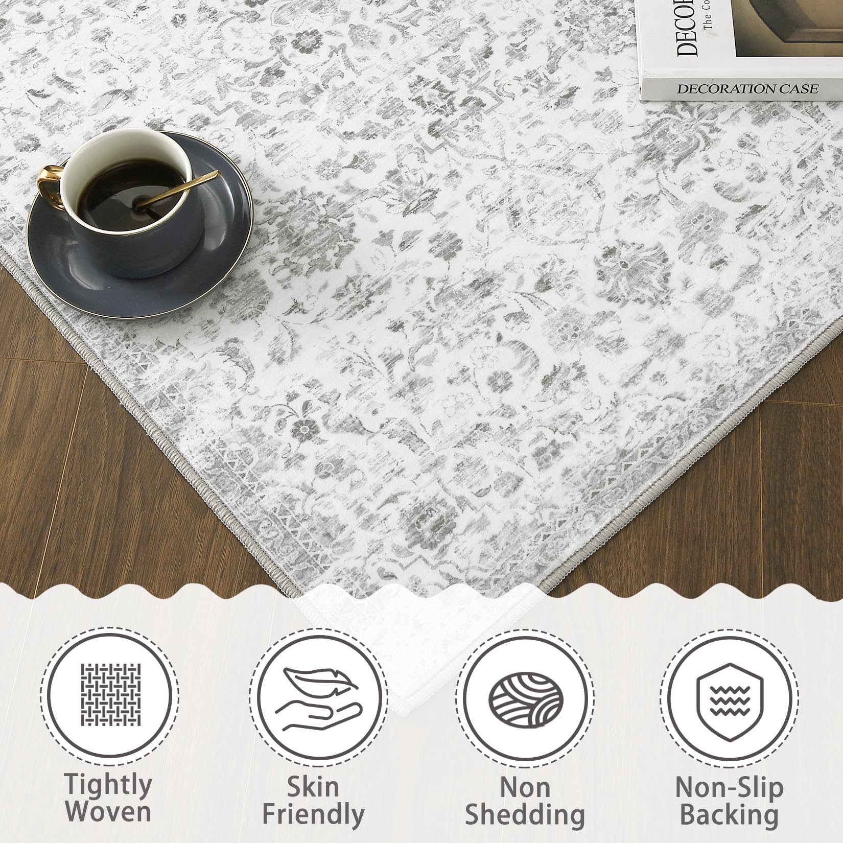 GARVEE 2x3 Washable Non-Slip Boho Floral Rug - Light Grey Indoor Entryway & Bathroom Mat, Stain-Resistant for Bedroom, Living Room & High-Traffic Areas