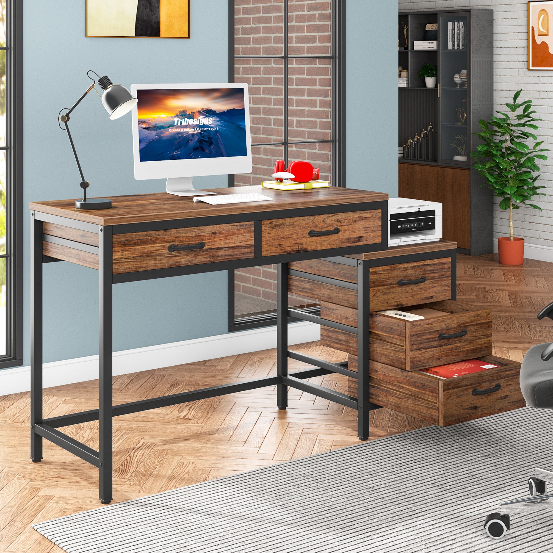5-Drawer Computer Desk with Reversible Cabinet - Sturdy Study & Writing Table for Home Office, Gaming, and Workspace Organization