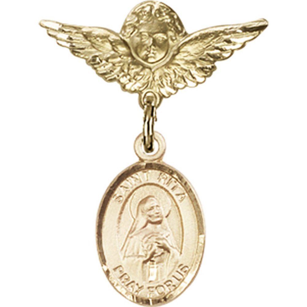 Gold Filled Baby Badge with St. Rita of Cascia Charm & Angel Wing Pin - 1 X 3/4 Inch Religious Jewelry for Baptism, Christening & First Communion Gifts