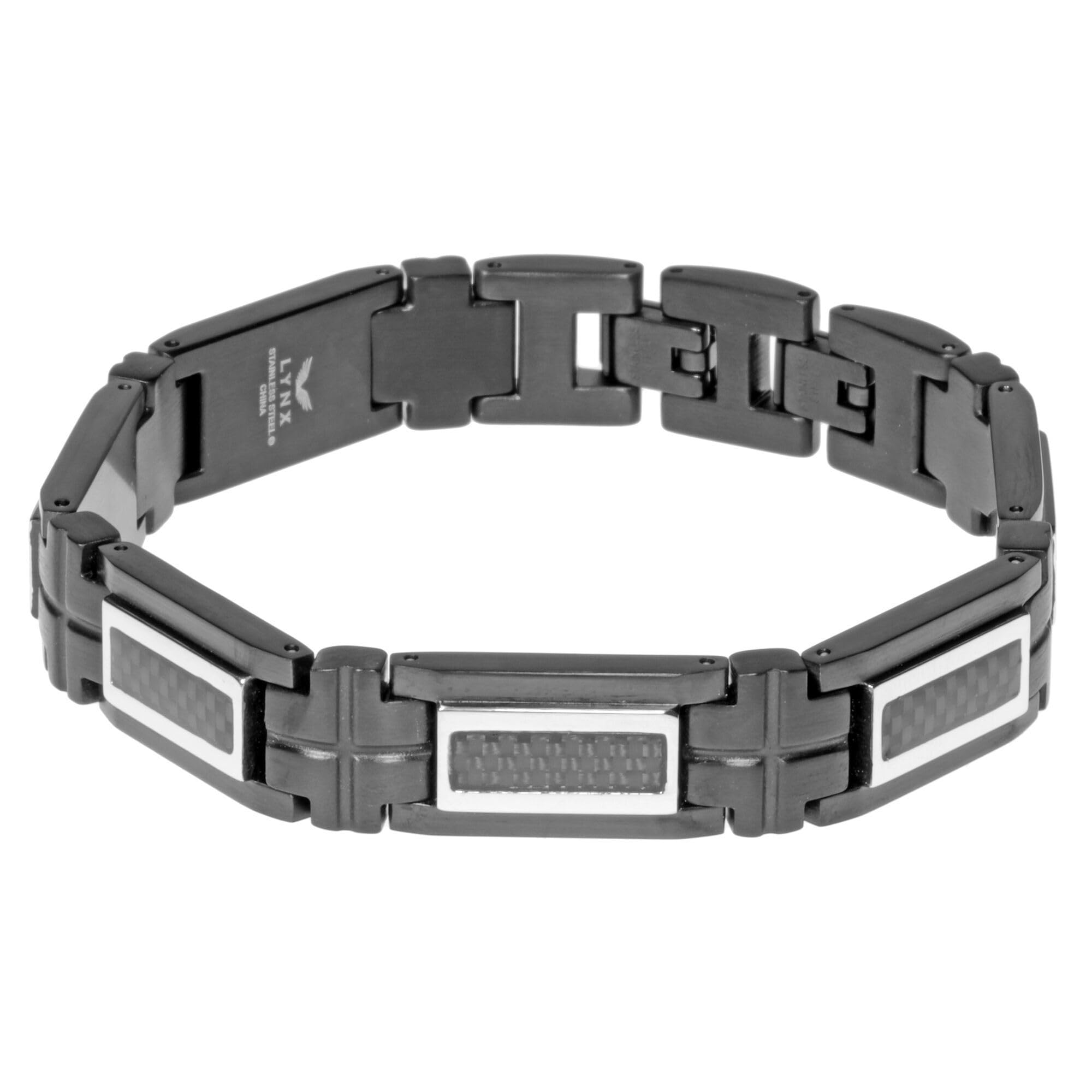 Men's Stainless Steel Carbon Fiber Link Bracelet - Black Ion Plated, 8.5 Inch Length, 13.2mm Width with Secure Fold Over Clasp | Durable Fashion Accessory for Business, Casual & Formal Occasions