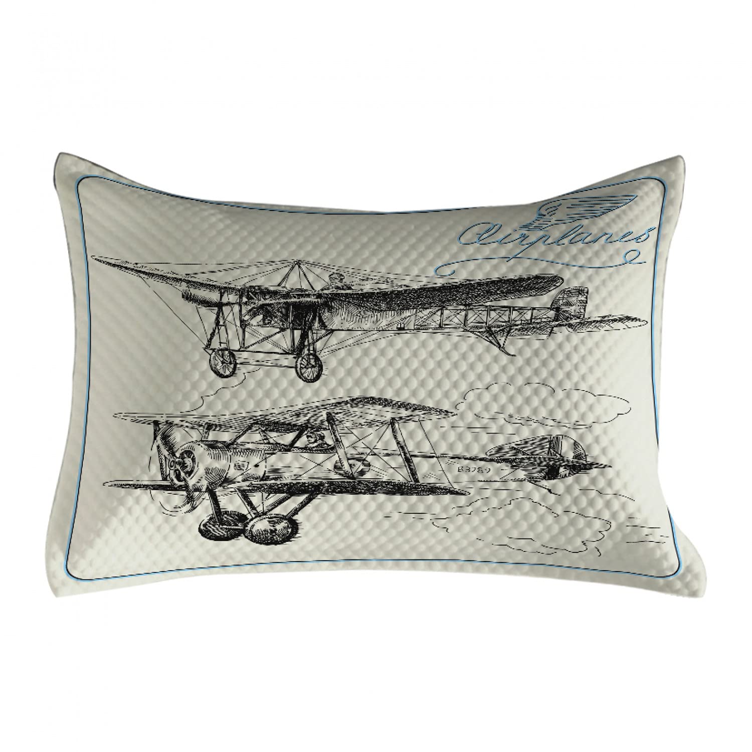 Ambesonne Airplane Quilted Pillow Cover - Classic Nostalgic Sky Travel Design with Aircraft Propeller Sketch, King Size Decorative Pillowcase (36x20 Inch) - Perfect for Bedroom Decor & Aviation Theme Home Accessories