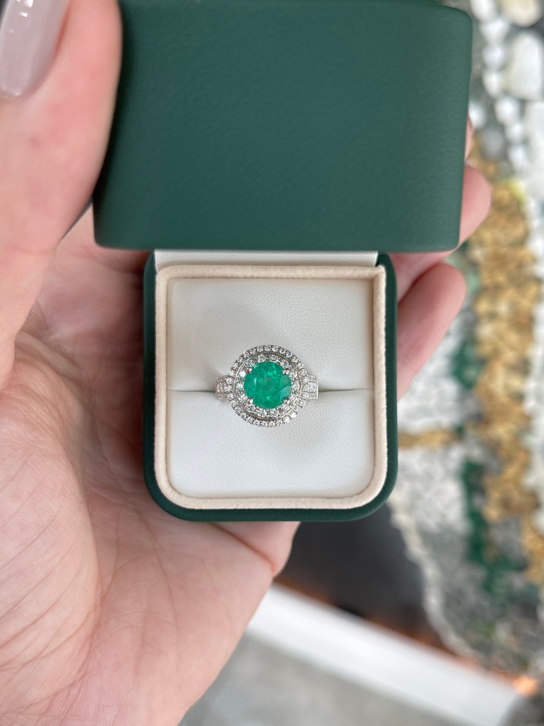 3.52tcw 14K White Gold Round Emerald & Diamond Halo Engagement Ring for Women – Perfect for Proposals, Anniversaries & Bridal Jewelry