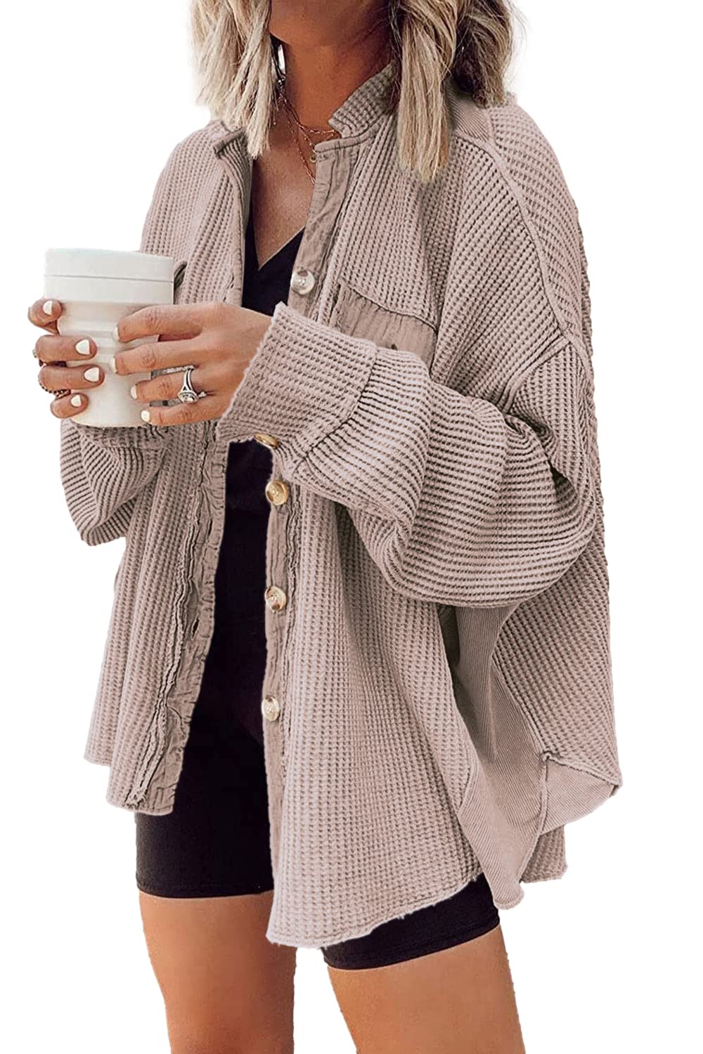 Yanekop Women's Waffle Knit Button Down Shirt Jacket - Oversized Long Sleeve Shacket for Casual Outfits | Trendy Fall/Winter Fashion 2025 | Perfect for Layering, Coffee Dates & Weekend Errands