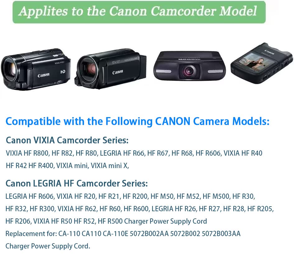 Canon VIXIA HF M50 R800 R80 R700 R500 M52 M500 HF-R70 HF-R72 HF-R700 R50 R52 R60 R200 R300 LEGRIA HF R206 R26 Camcorder AC Adapter & Power Charger Kit - Replacement for TKDY CA-110 - Perfect for Travel Vlogging, Home Videos, and Professional Filming