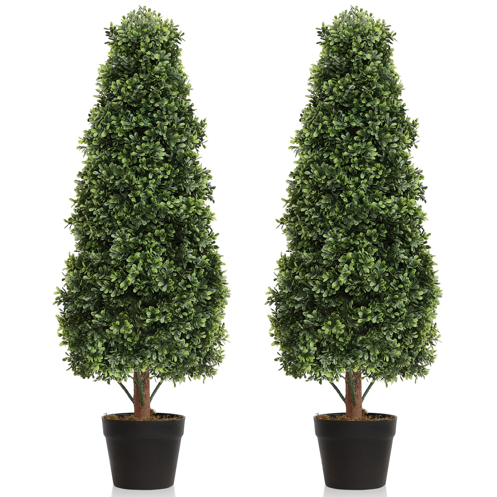 3ft Artificial Boxwood Topiary Trees (2 Pack) - 35 Inch Faux Outdoor Shrubs with Black Pot - Realistic Fake Bushes for Indoor, Porch, Garden & Office Decor