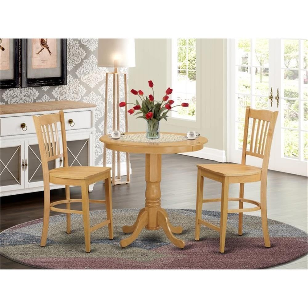East West Furniture 3-Piece Kitchen Counter Height Dining Set - 36x36 Inch Round Oak Table with Pedestal Base & 2 Matching Chairs | Perfect for Small Spaces, Breakfast Nooks & Apartment Dining Areas