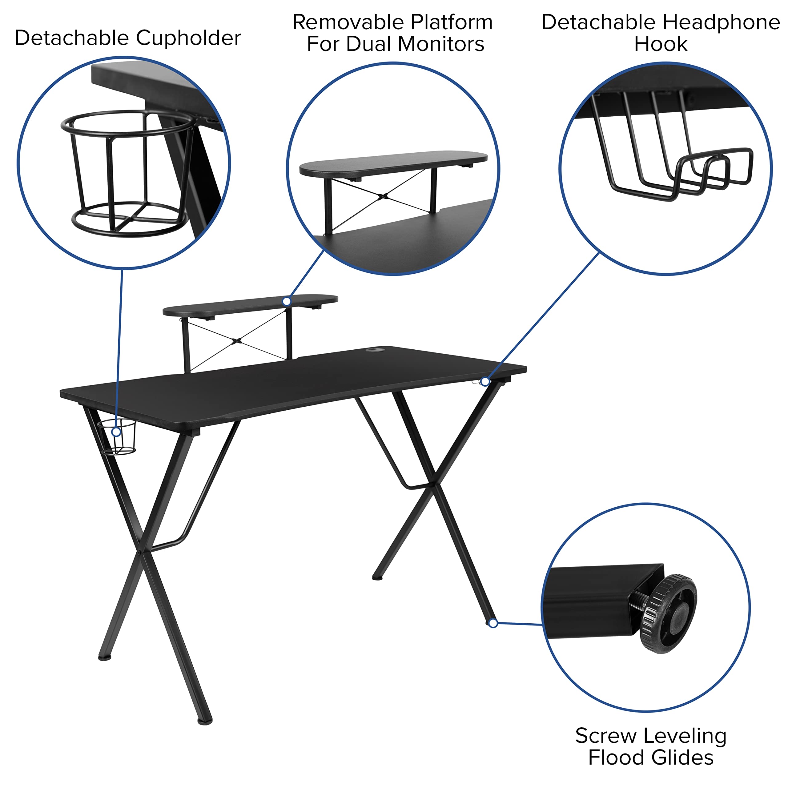 Flash Furniture Optis Black Gaming Desk with Cup Holder, Headphone Hook & Monitor Stand - Ergonomic Gaming Chair with Reclining Back, Adjustable Arms & Footrest - Perfect for PC Gaming, Streaming & Home Office Setup