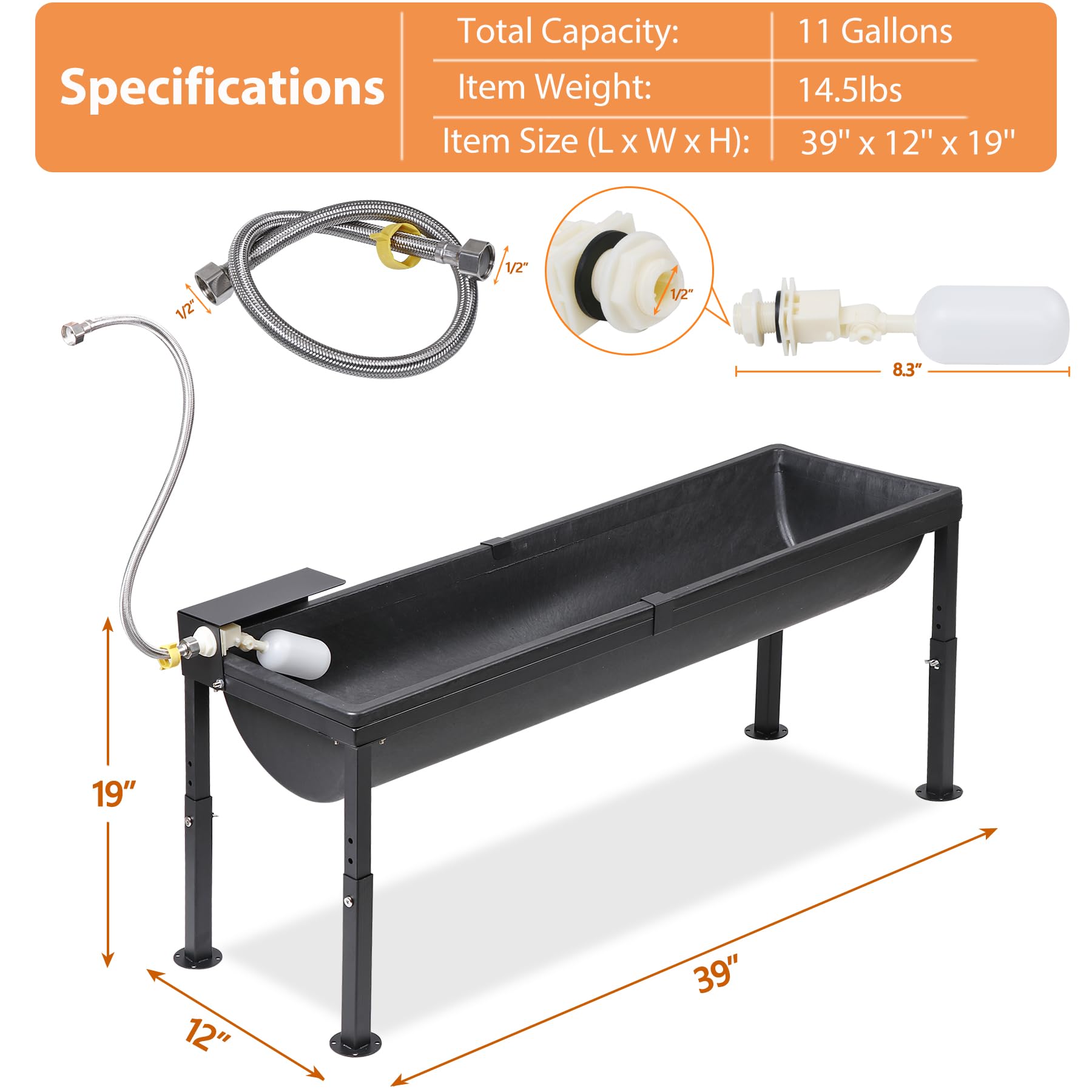 2Pcs 11 Gallon Automatic Water Trough for Horses - Adjustable Height Drinking Tank with Float Valve, Easy Assembly Livestock Water Dispenser for Farm Animals (Goats, Sheep, Chickens) - Ideal for Pastures, Stables & Outdoor Feeding Areas