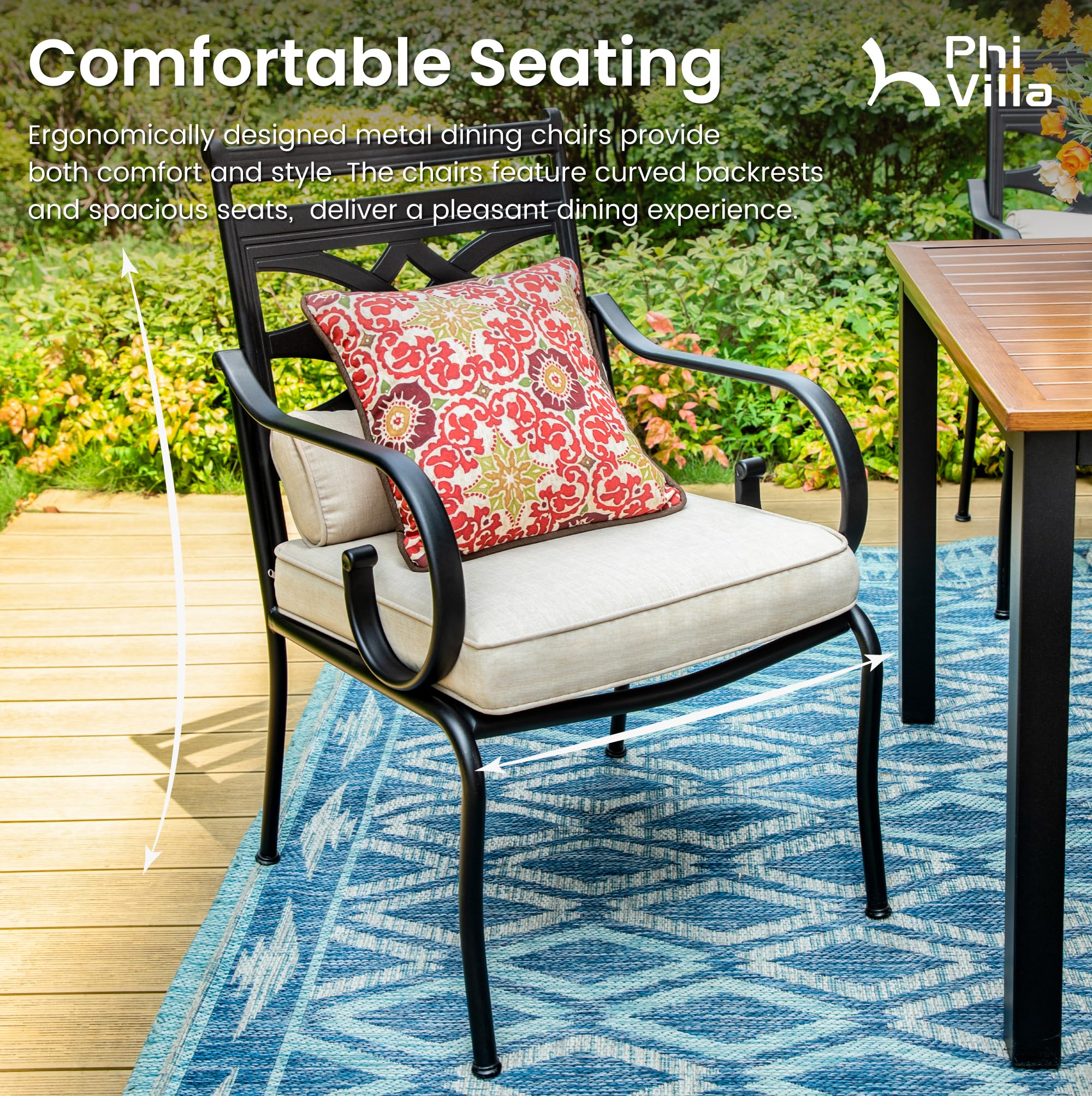 PHI VILLA 7-Piece Outdoor Dining Set for 6 - 37x60 Inch Rectangle Patio Table with Umbrella Hole & 6 Metal Chairs - Durable Garden Furniture for Backyard, Deck, Poolside & Outdoor Entertaining