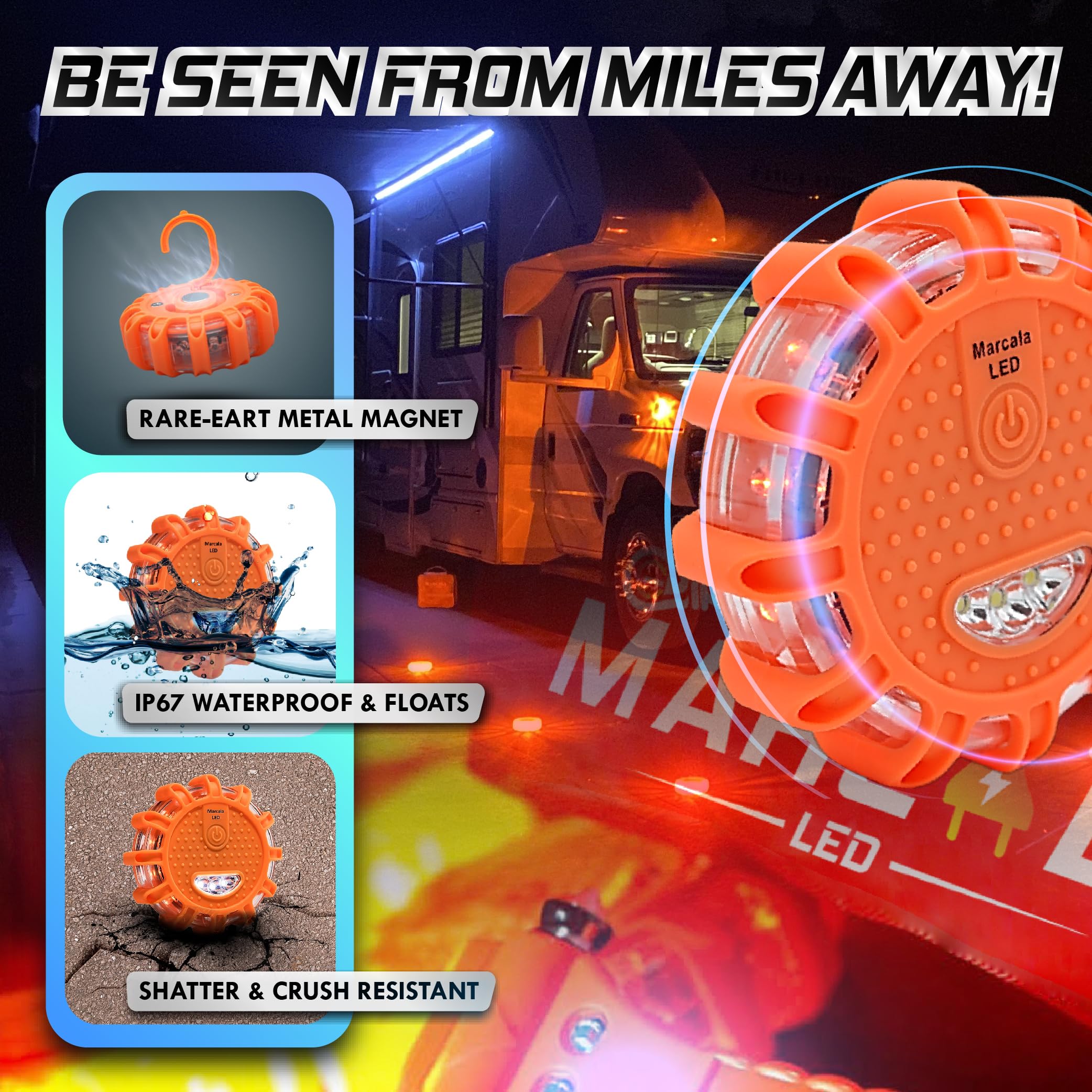 LED Road Flares Emergency Lights - 3-Pack DOT Compliant Safety Disc Kit with Whistle & Batteries - Roadside Emergency Car Kit for Breakdowns, Accidents & Nighttime Visibility