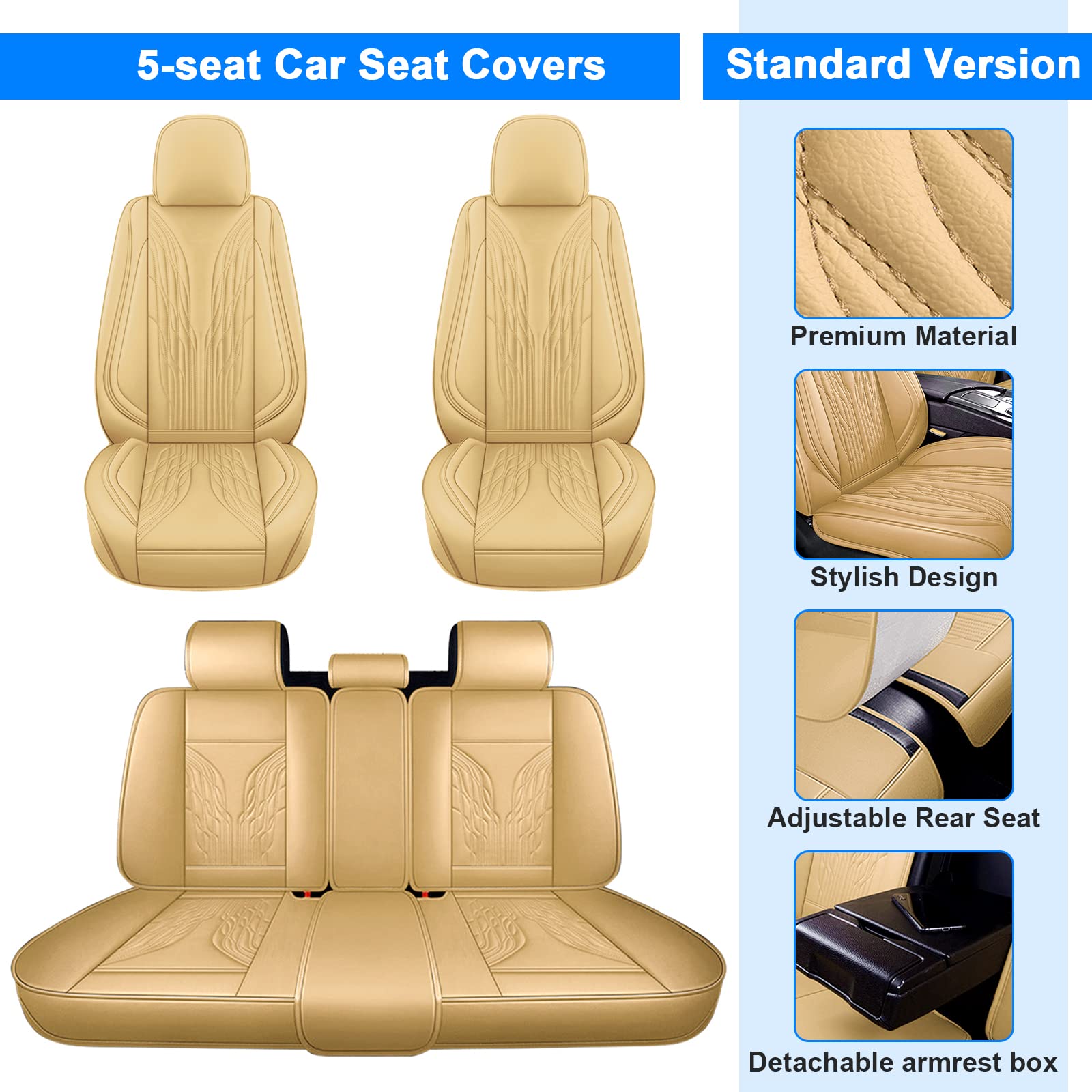 Universal Car Seat Covers Full Set (5 Seats) - Waterproof & Breathable Front & Rear Seat Protectors - Perfect Fit for Nissan Versa, Hyundai Sonata, Honda CR-V & More - Black/Beige - Ideal for Road Trips, Daily Commute & Pet Protection