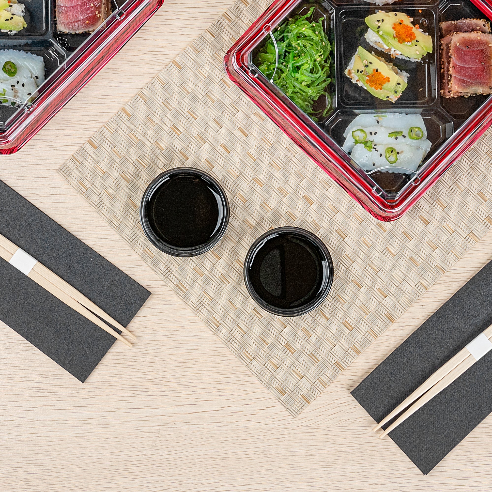 Bento Tek 2 oz Round Black Plastic Sauce Dish - 3 x 3 x 0.75 Inches - 100-Pack for Sushi, Condiments, and Meal Prep Containers