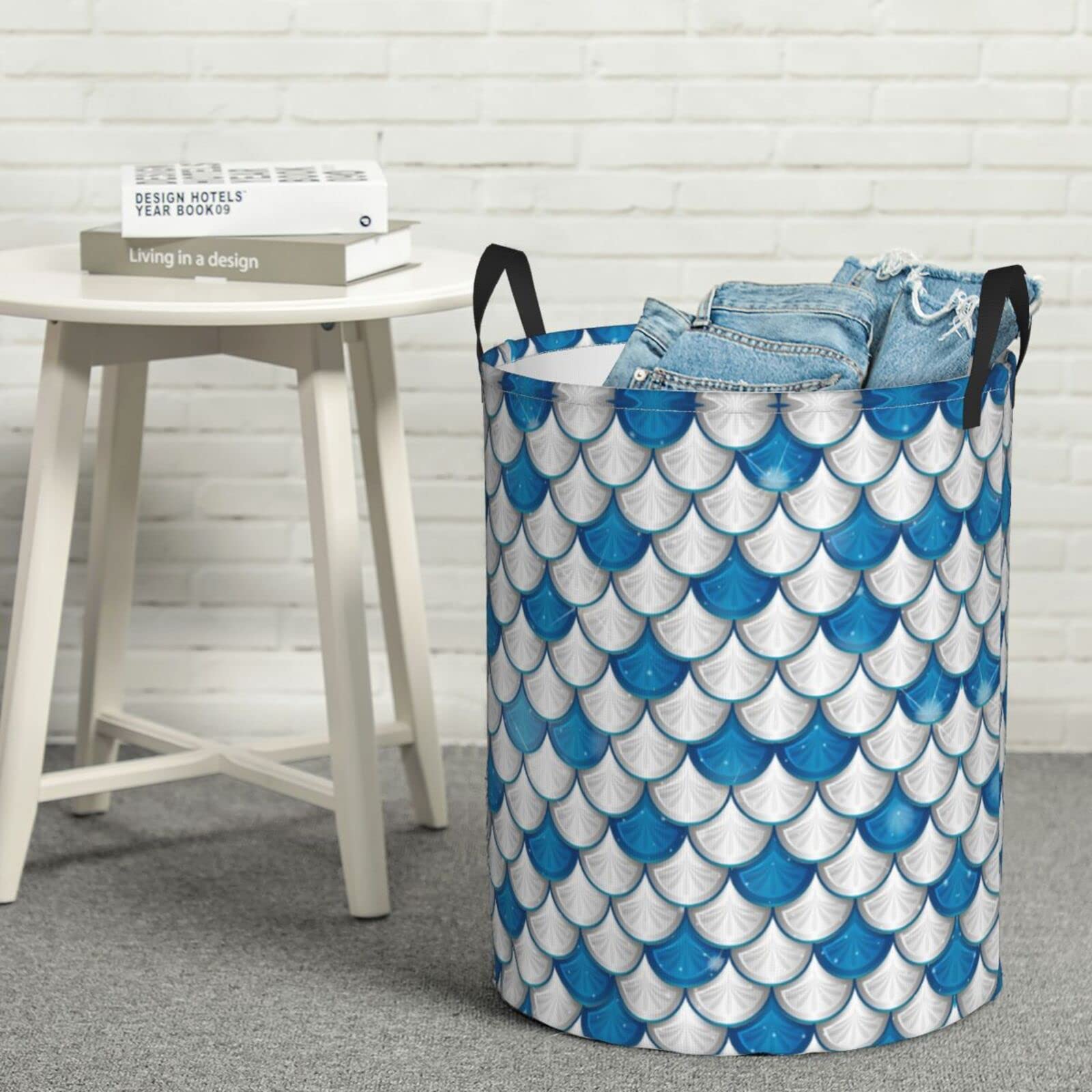 Mermaid Collapsible Laundry Hamper with Handles - Foldable Clothes Basket for Bedroom, Bathroom & Nursery - Blue Storage Organizer for Dirty Laundry, Toys & Household Items - Easy Carry & Space Saving Design