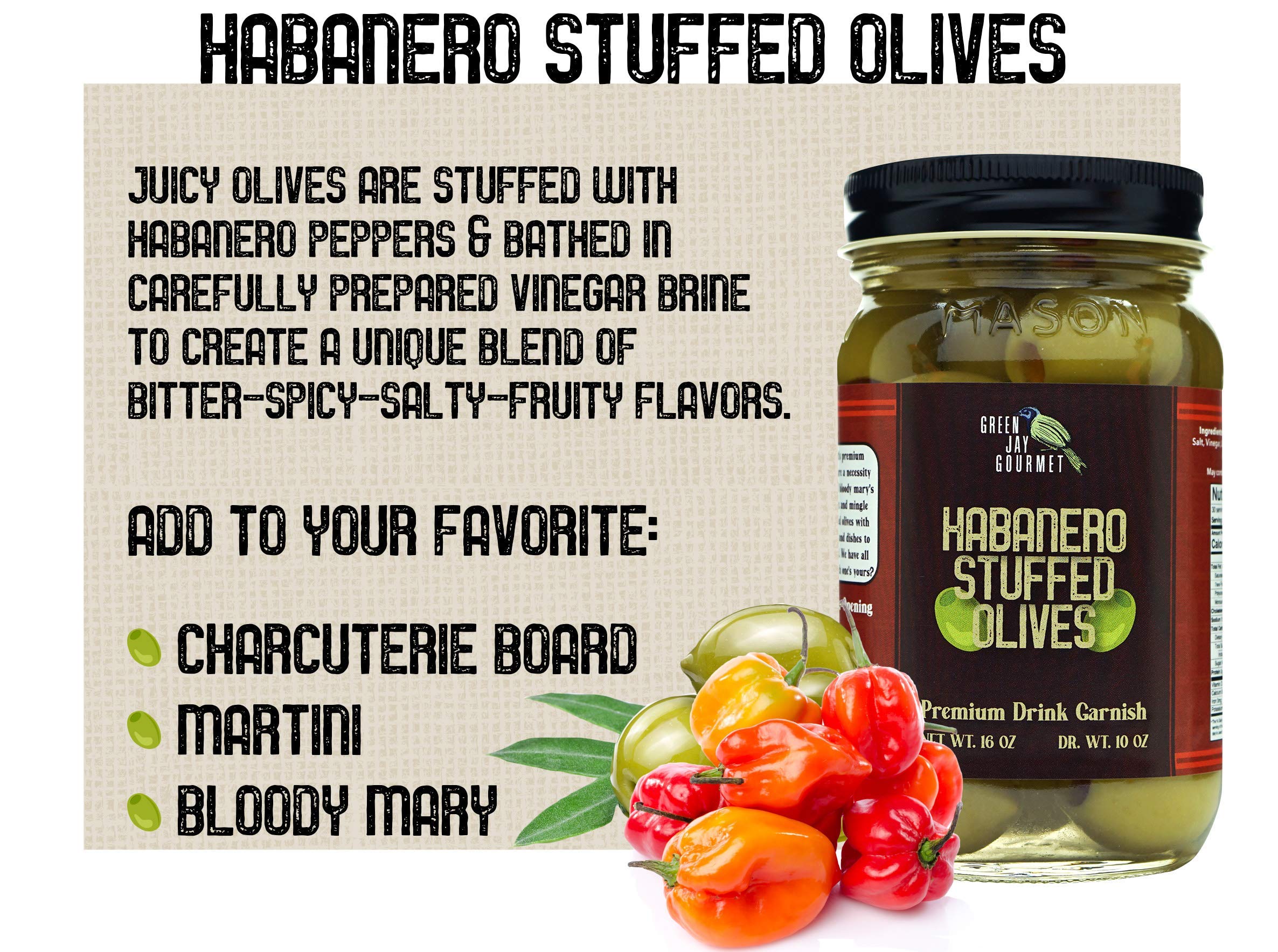 Premium Green Jay Gourmet Habanero Stuffed Olives - Large 16oz All-Natural Spicy Cocktail Olives for Dirty Martinis, Cheese Boards & Charcuterie - Perfect for Home Bars, Parties & Gourmet Gifting