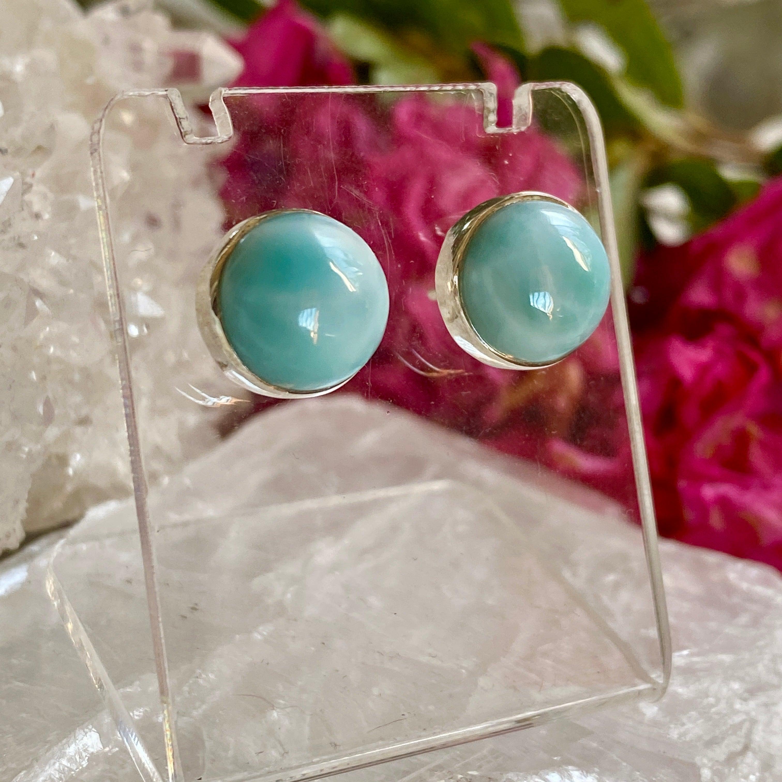 Larimar Round Stud Earrings KEGJ1004 - Handmade Gemstone Jewelry for Women, Perfect for Everyday Wear & Gift Giving