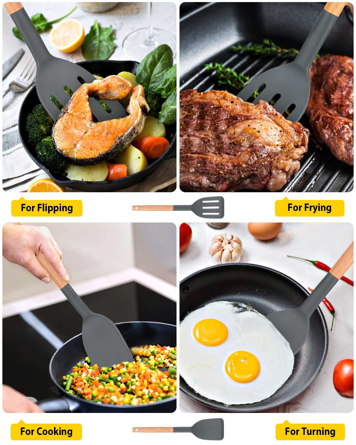 2-Pack Heat-Resistant Silicone Cooking Spatula with Wooden Handle - Non-Stick Solid & Slotted Turner for Frying, Baking, Flipping - Perfect Kitchen Utensils for Pancakes, Eggs, Burgers & Grilling