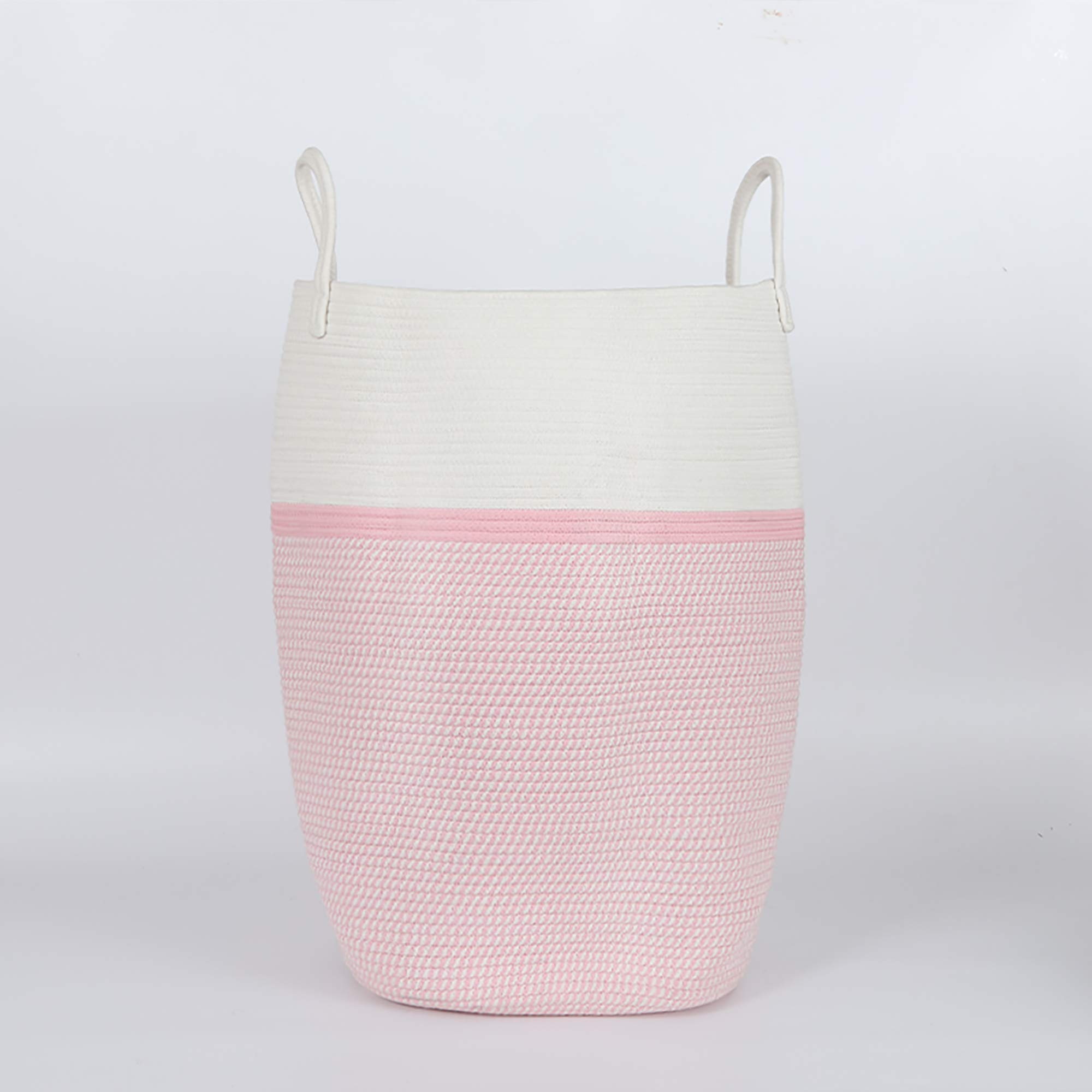 Large Woven Laundry Basket with Handles - Tall Nursery Hamper for Baby Clothes, Blankets & Towels - Decorative Storage Basket for Kids, Living Room & Nursery Organization - Pink & White Cotton Fabric Basket (Perfect for Baby Rooms, Playrooms & Home Organization)