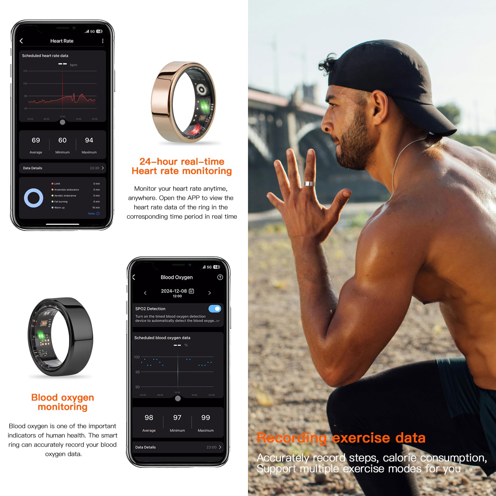Smart Ring with Heart Rate Monitor, Sleep & Blood Oxygen Tracking, IP68 Waterproof Fitness Tracker - No App Subscription Needed (Black, Size 8) | Perfect for Workouts, Sleep Analysis & Daily Health Monitoring