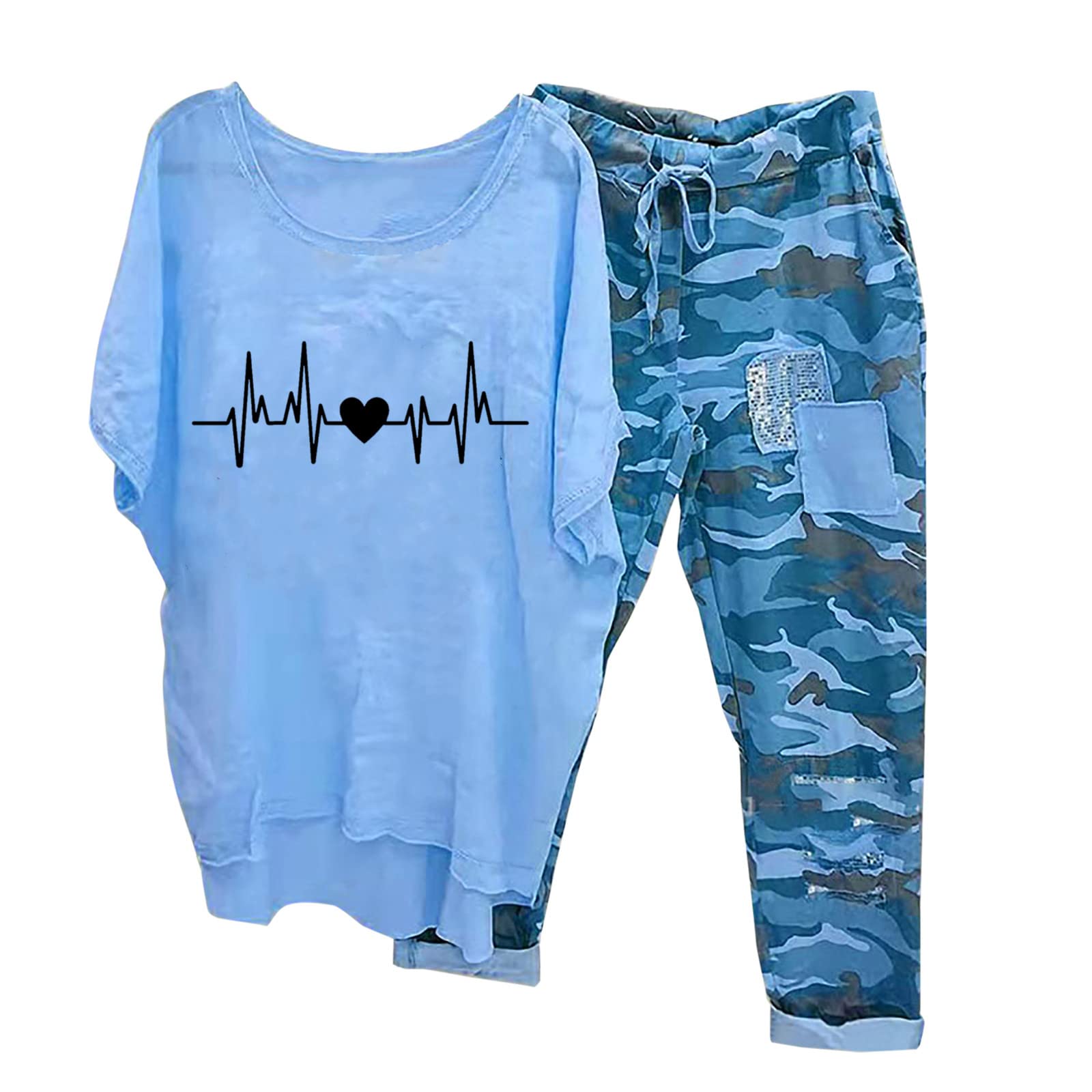 Women's Linen Two-Piece Set 2024 - Half Sleeve T-Shirt & Comfortable Camo Pants with Pockets | Summer Vacation Outfits for Beach, Travel & Casual Wear
