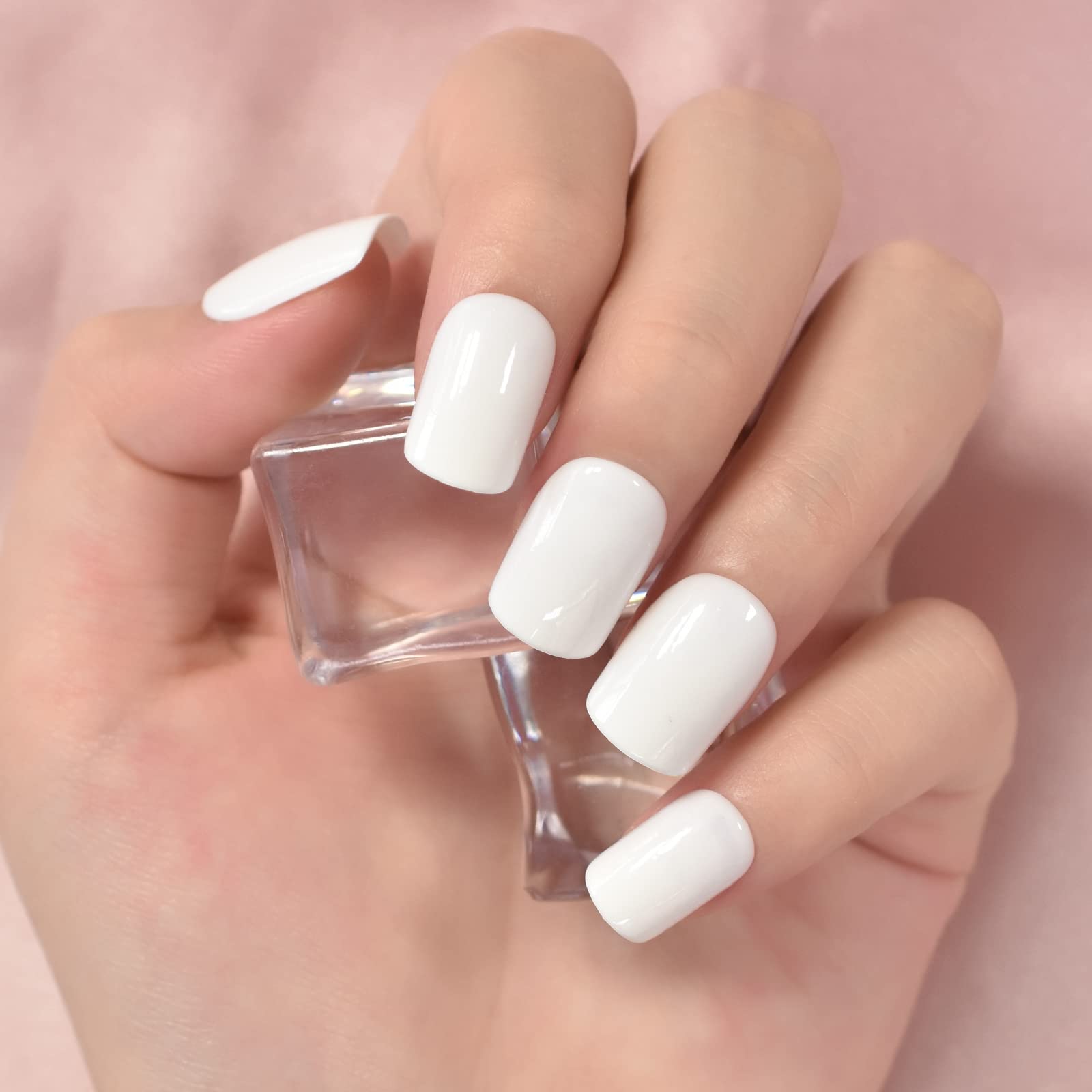Glossy Pure White Press On Nails Short Square - Professional Fake Acrylic Nails for Salon Manicure - Reusable DIY Nail Art Tips for Everyday Wear, Parties & Special Occasions