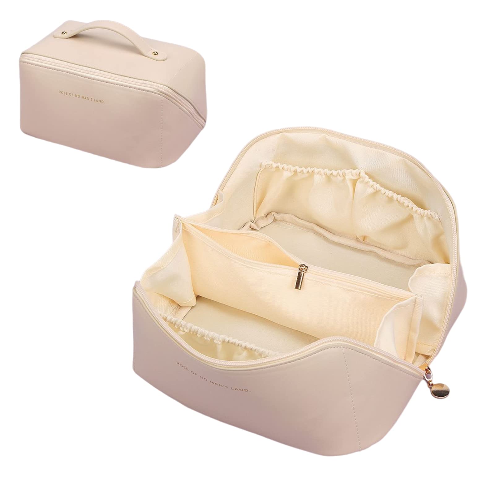 Large Waterproof Travel Cosmetic Bag for Women - Portable Makeup Organizer with Handle & Gold Zipper, Multiple Compartments, Milk White | Perfect for Air Travel, Gym, Beach & Daily Use