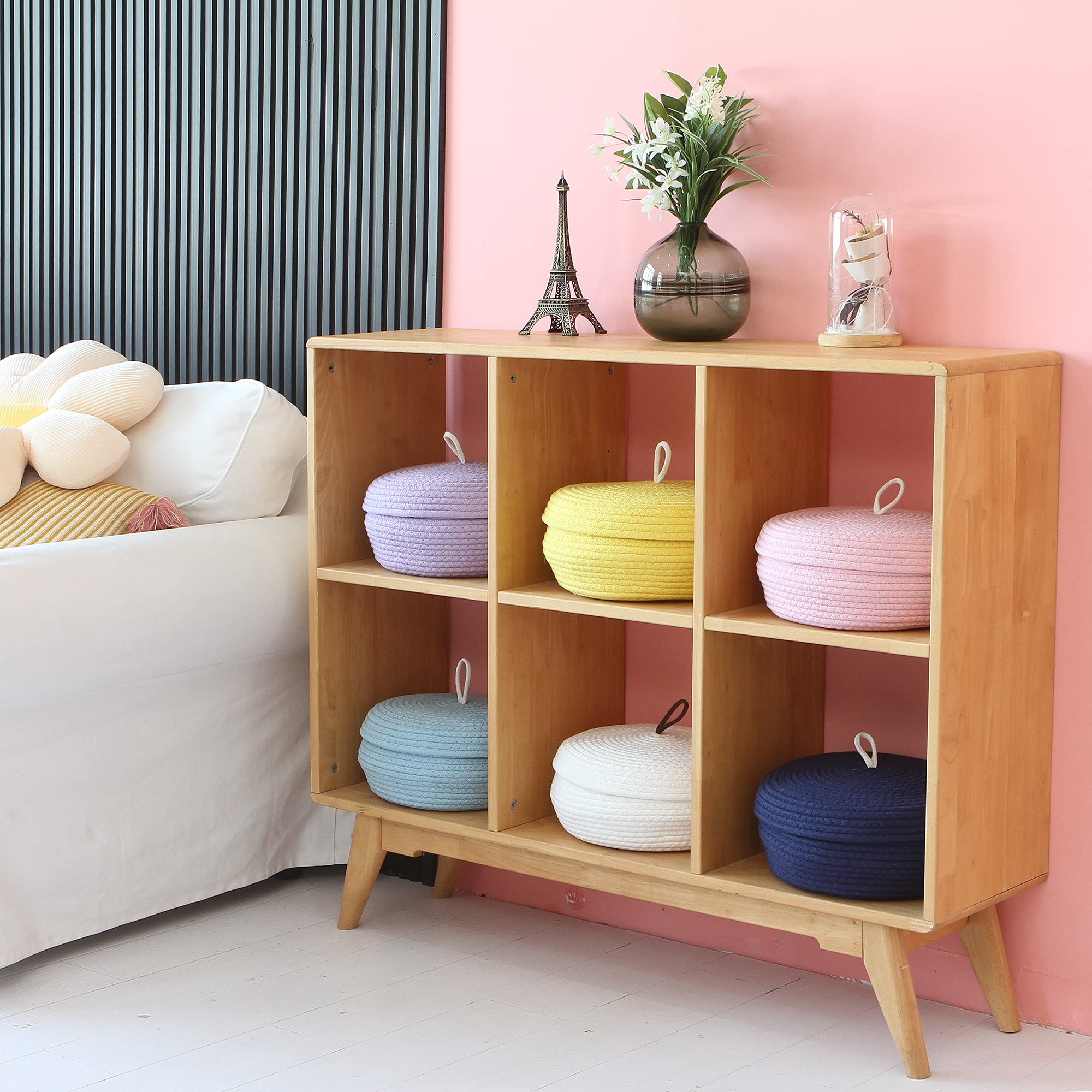 Sea Team Round Cotton Rope Storage Basket with Lid - Decorative Woven Organizer Bin for Home, Nursery & Office - Perfect for Snacks, Towels, Plants & Toys - 13 x 5.5 Inch Large Shallow Pink Storage Container