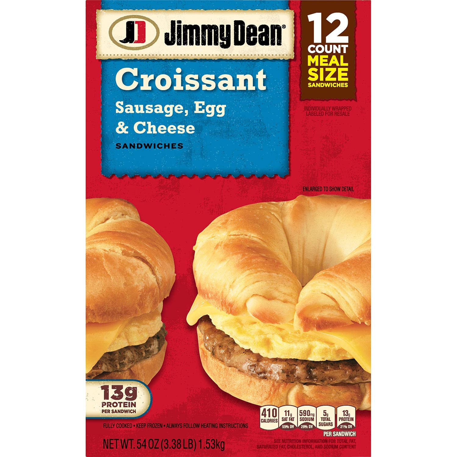 Jimmy Dean Sausage Egg & Cheese Croissant Breakfast Sandwiches - 3 Pack (36 Frozen Sandwiches) | Quick Microwaveable Meal for Busy Mornings, Office Lunch or Road Trips