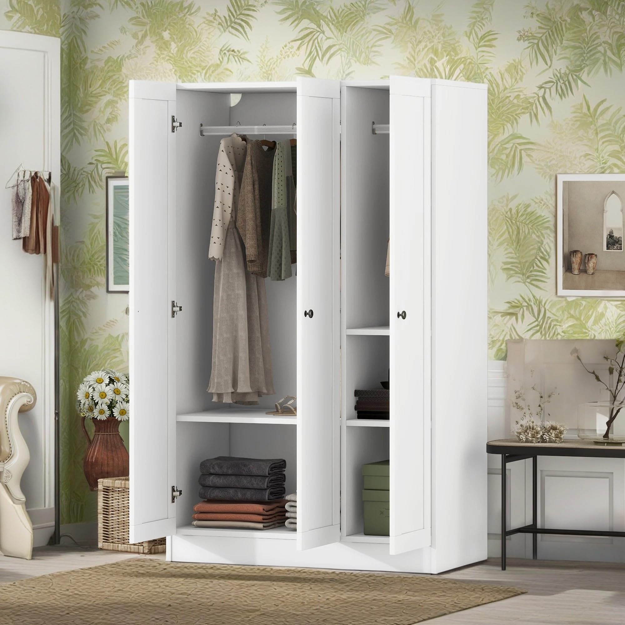 **KELRIA Modern 3-Door Armoire Wardrobe with Shelves & Hanging Rod - Large Freestanding Storage Closet, Wooden Clothes Organizer Cabinet for Bedroom, Guest Room, White - Perfect for Home Organization & Space Saving**