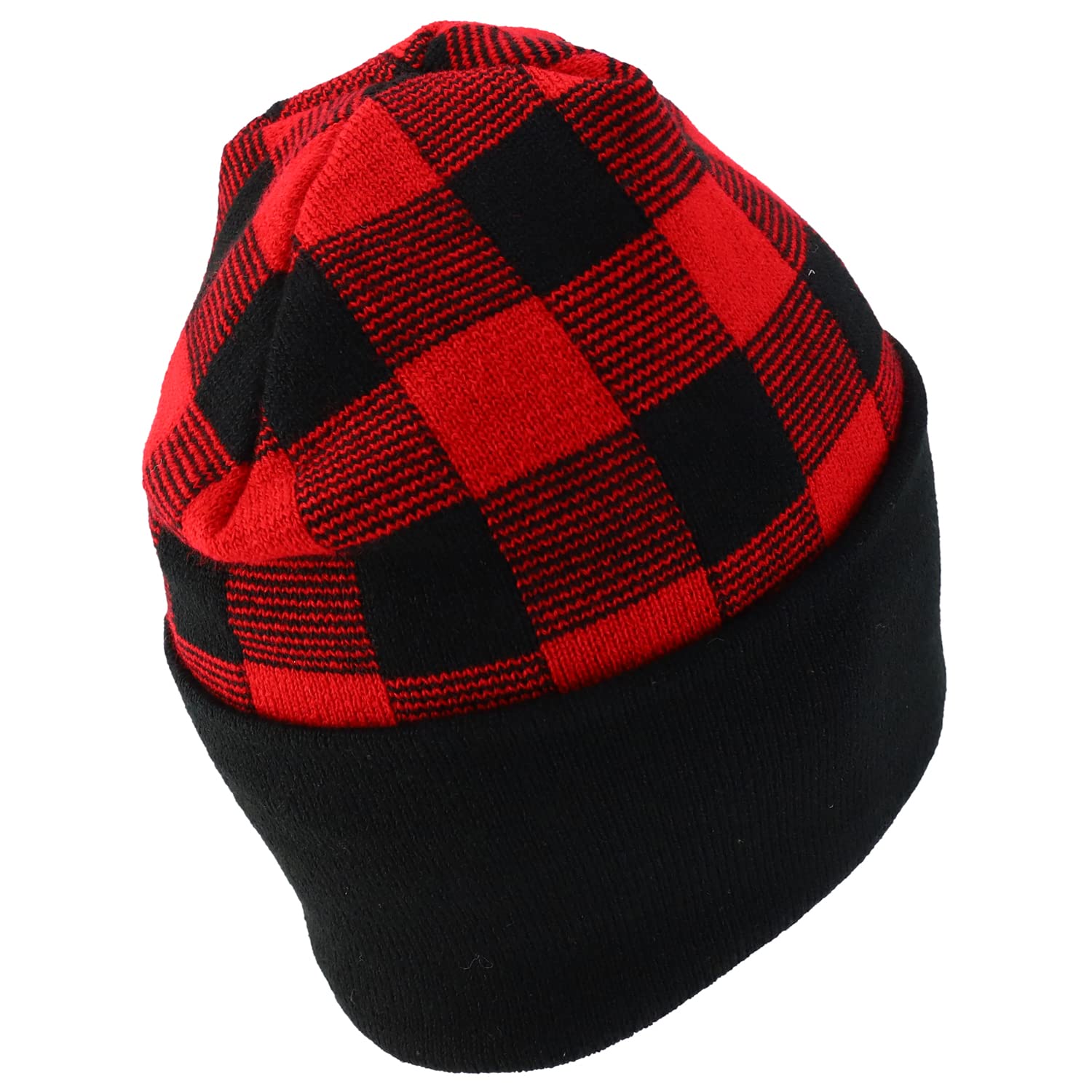USA Made Winter Buffalo Plaid Stretchy Beanie Hat - Warm Folded Cuff Knit Cap for Men & Women - Perfect for Skiing, Snowboarding and Cold Weather Activities